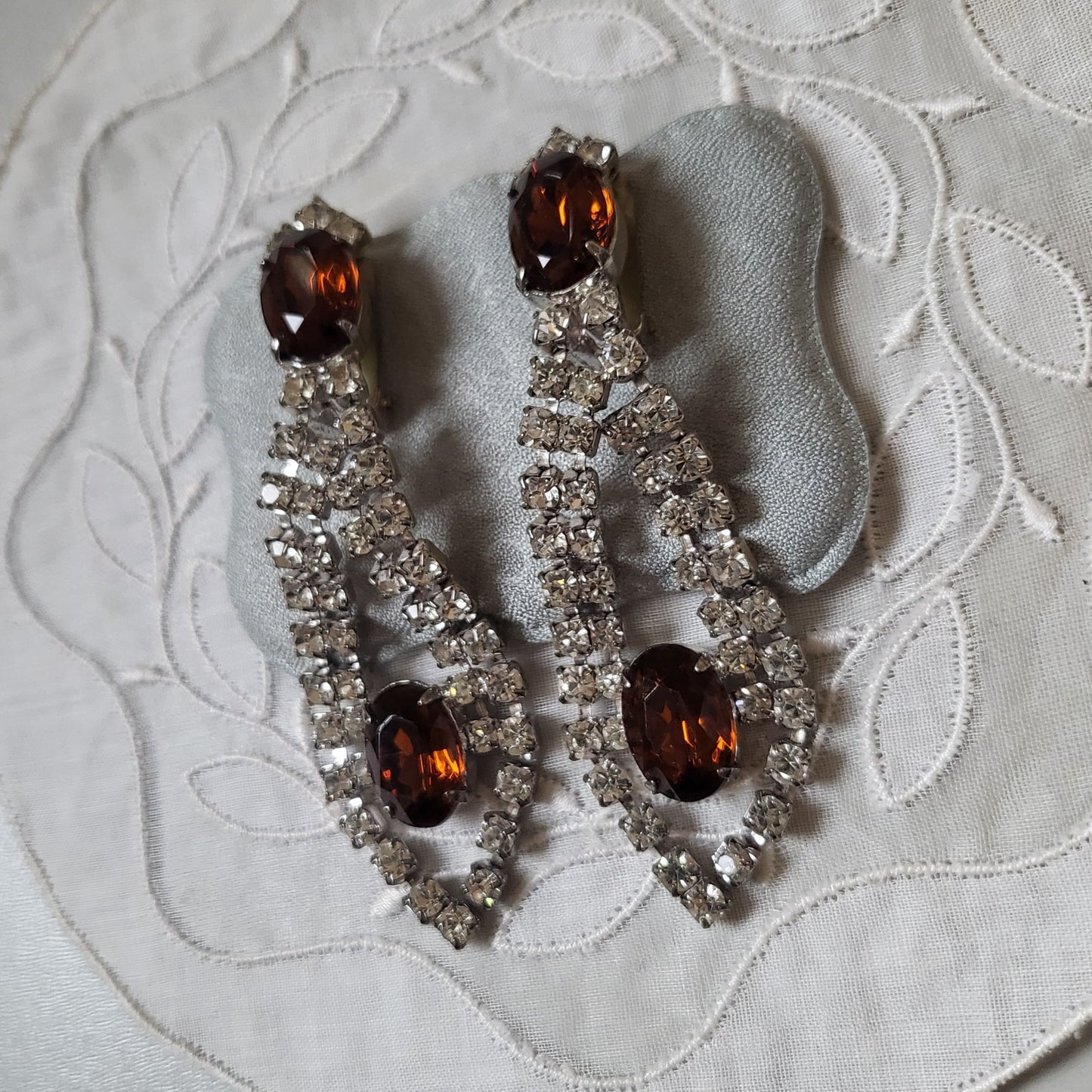 Clip on - Brown Orange and Clear Crystal Clip on Earrings