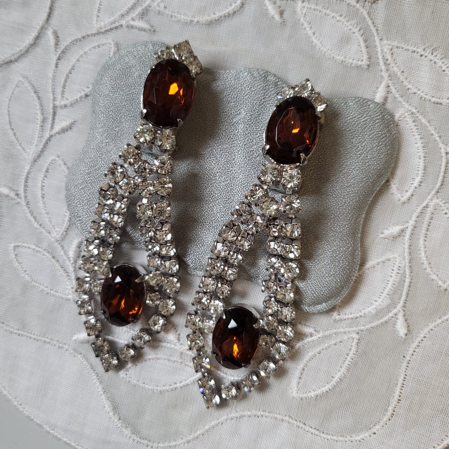 Clip on - Brown Orange and Clear Crystal Clip on Earrings