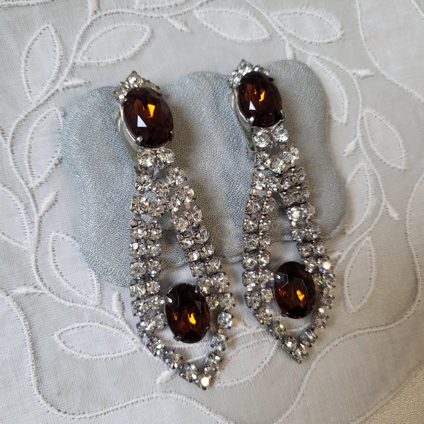 Clip on - Brown Orange and Clear Crystal Clip on Earrings