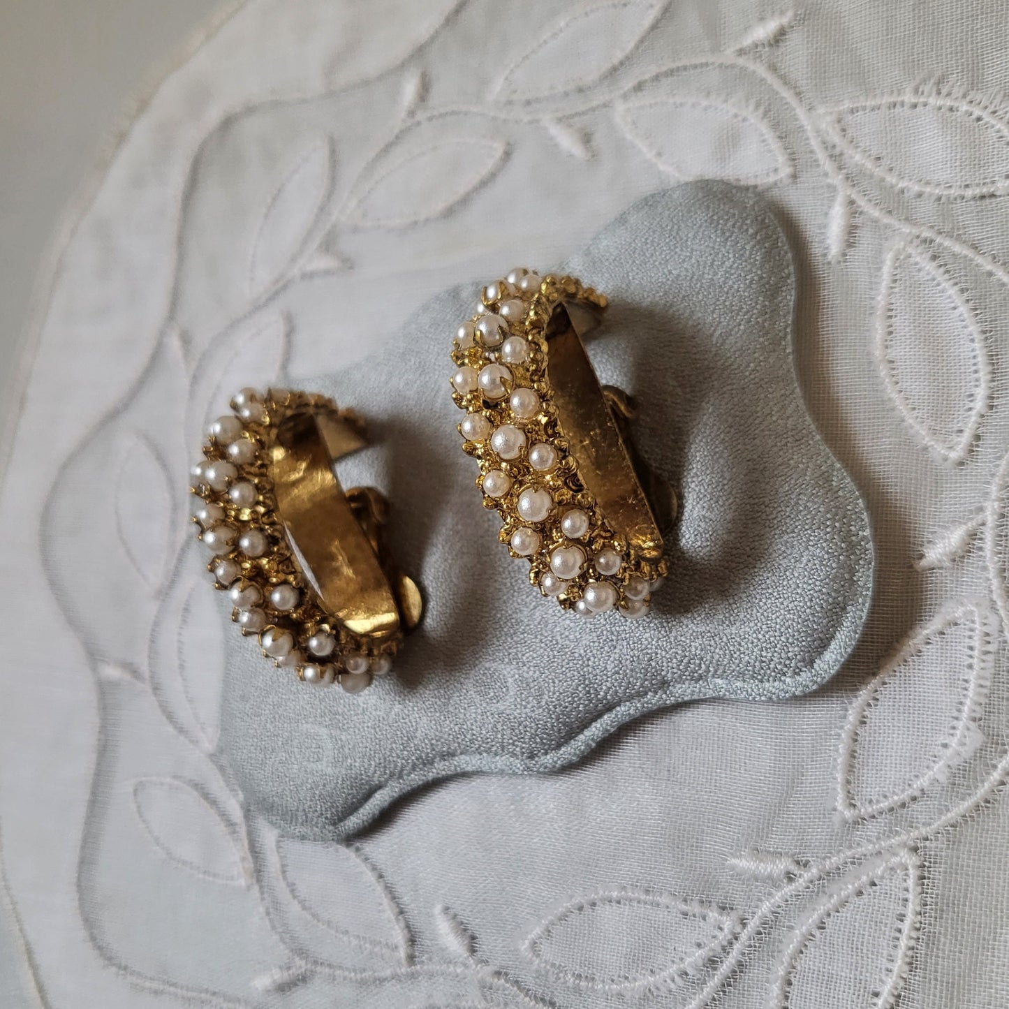 Clip on - Chunky Gold Seed Pearls Half Hoop Clip on Earrings