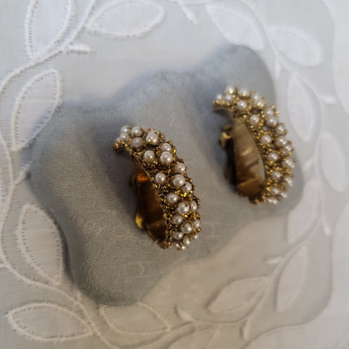 Clip on - Chunky Gold Seed Pearls Half Hoop Clip on Earrings