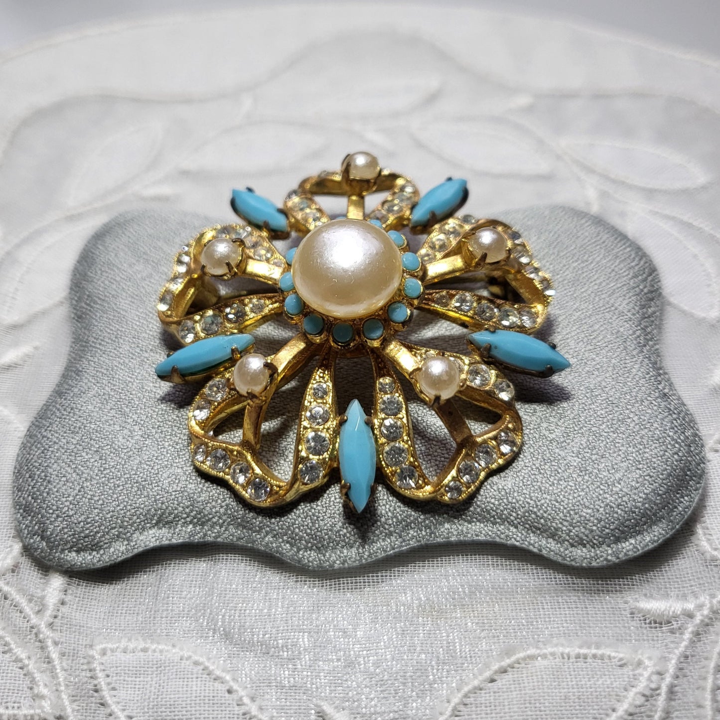 Brooch - Pearl Turquoise and Crystal Flower Brooch