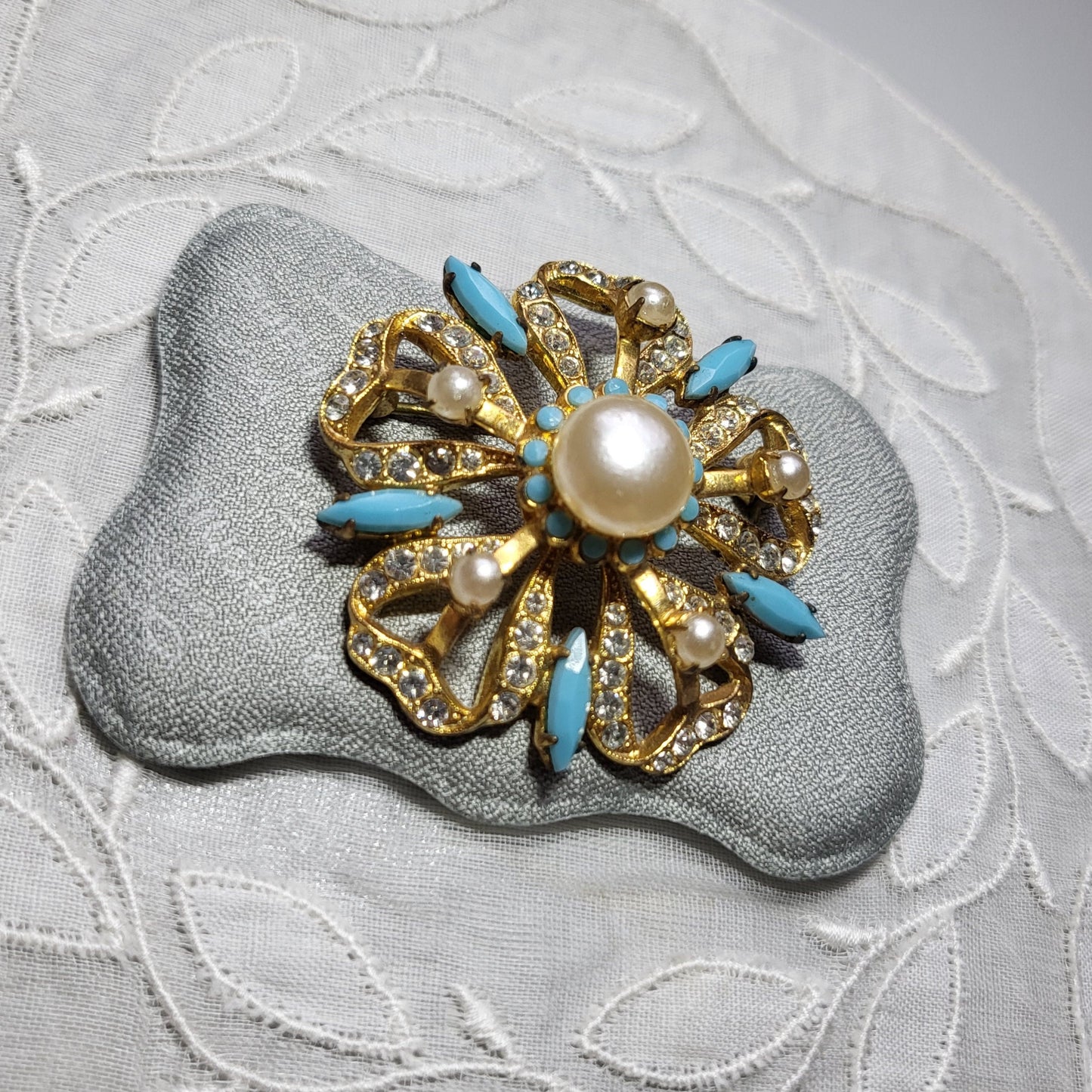 Brooch - Pearl Turquoise and Crystal Flower Brooch