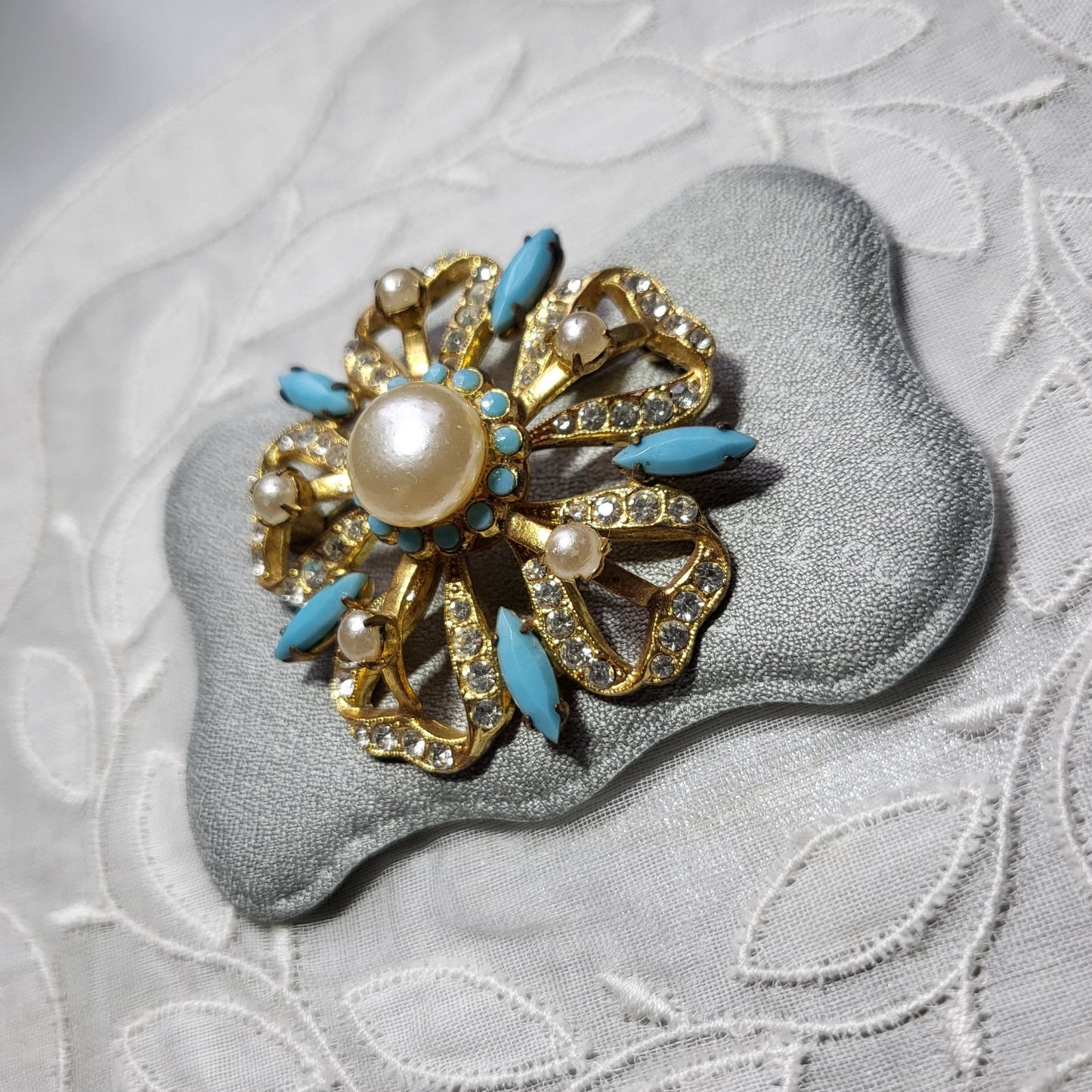 Brooch - Pearl Turquoise and Crystal Flower Brooch