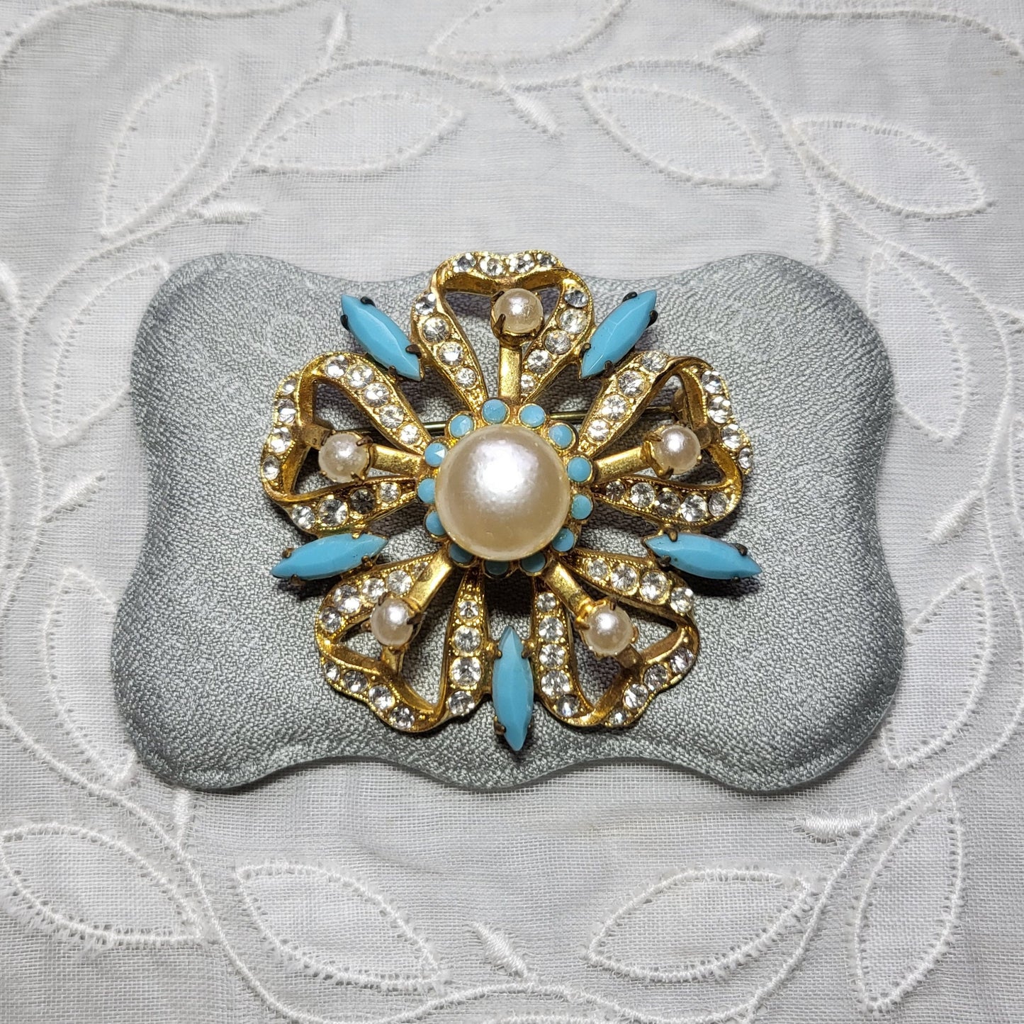 Brooch - Pearl Turquoise and Crystal Flower Brooch