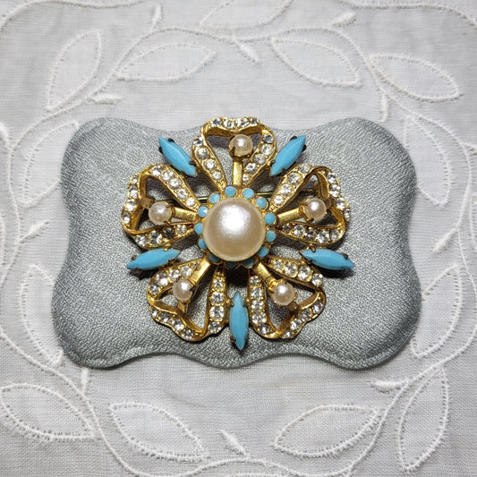 Brooch - Pearl Turquoise and Crystal Flower Brooch