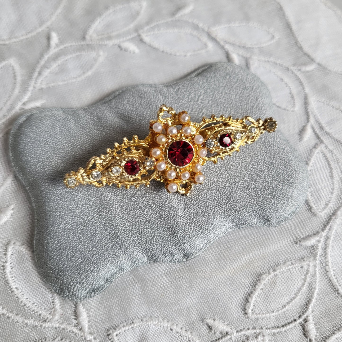 Brooch - Red Crystals and Seed Pearls Bar Brooch