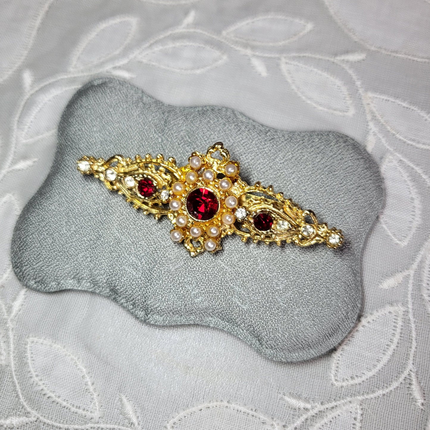 Brooch - Red Crystals and Seed Pearls Bar Brooch