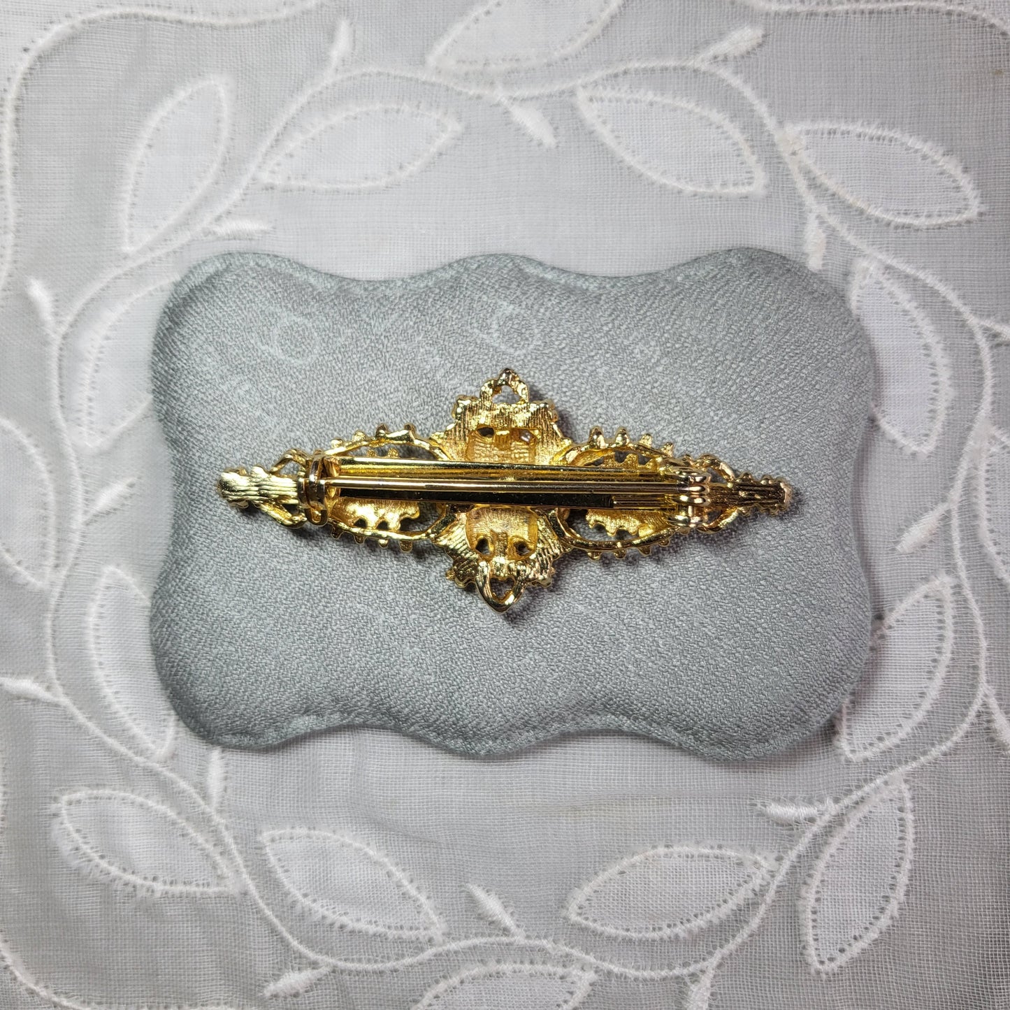 Brooch - Red Crystals and Seed Pearls Bar Brooch