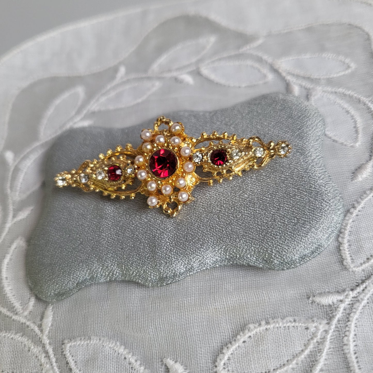 Brooch - Red Crystals and Seed Pearls Bar Brooch