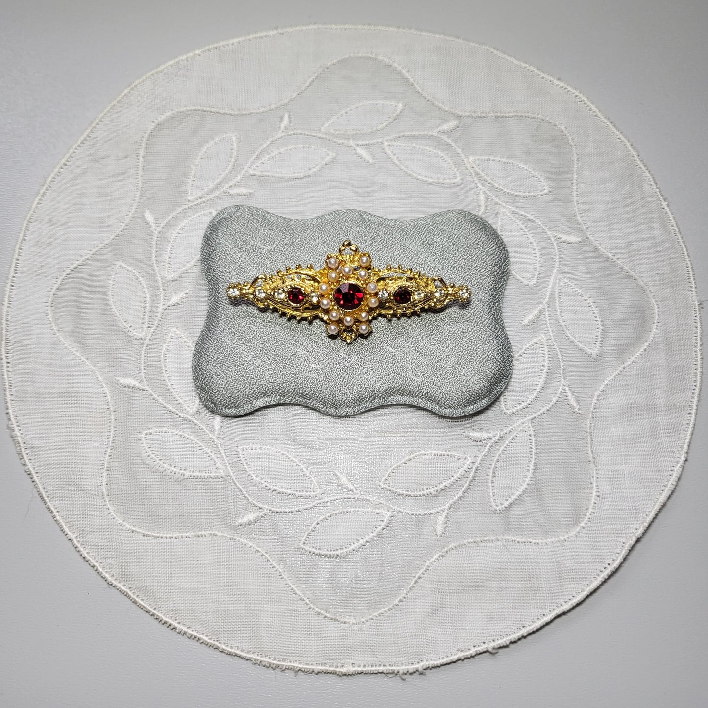 Brooch - Red Crystals and Seed Pearls Bar Brooch