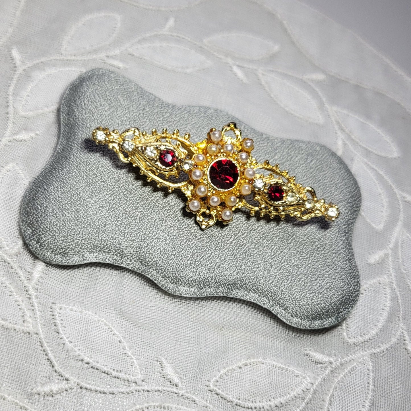 Brooch - Red Crystals and Seed Pearls Bar Brooch