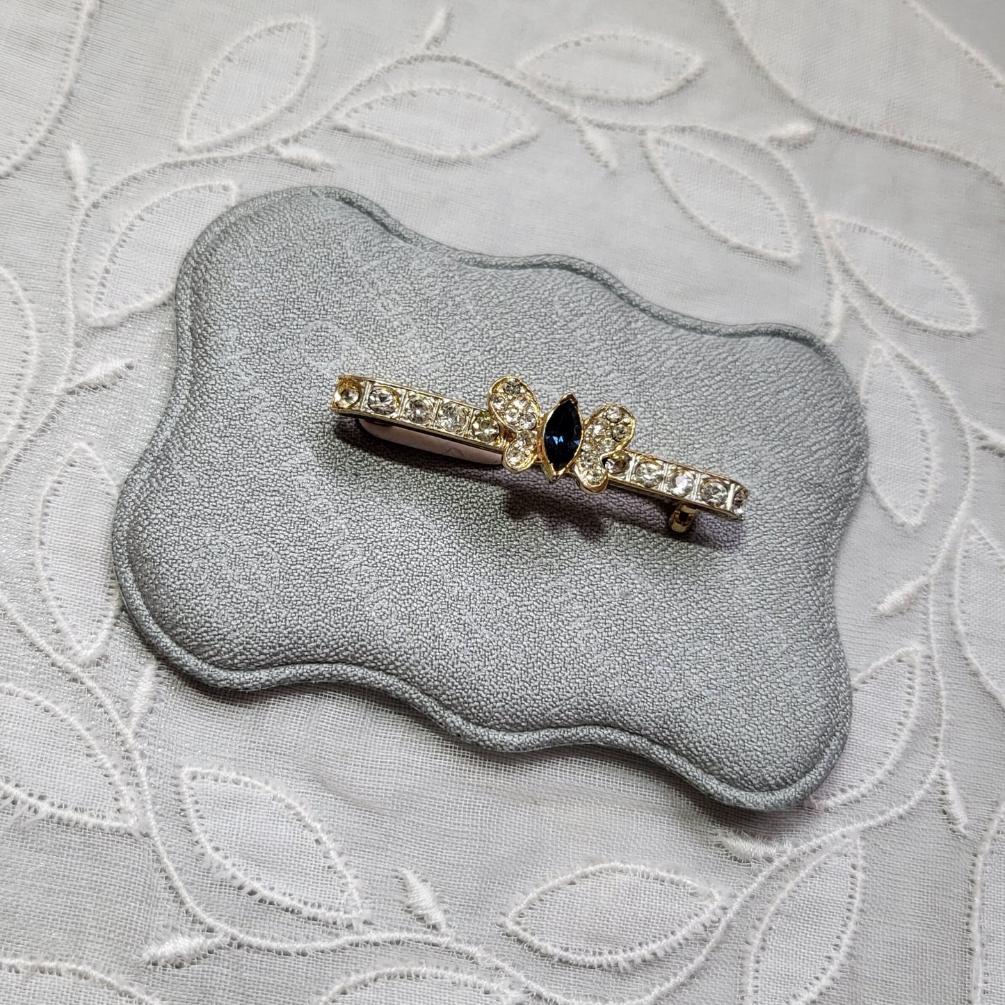 Brooch - Blue and Clear Crystals Butterfly Bar Brooch