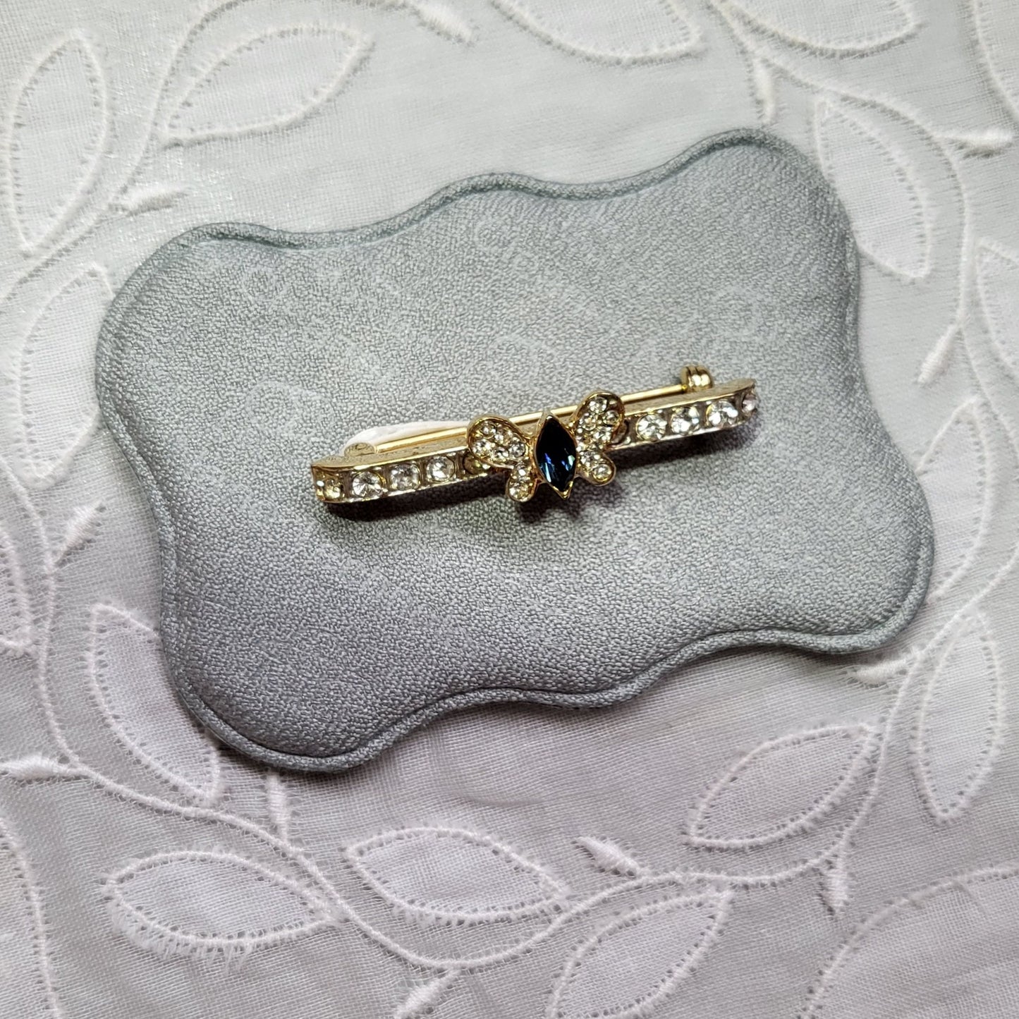 Brooch - Blue and Clear Crystals Butterfly Bar Brooch