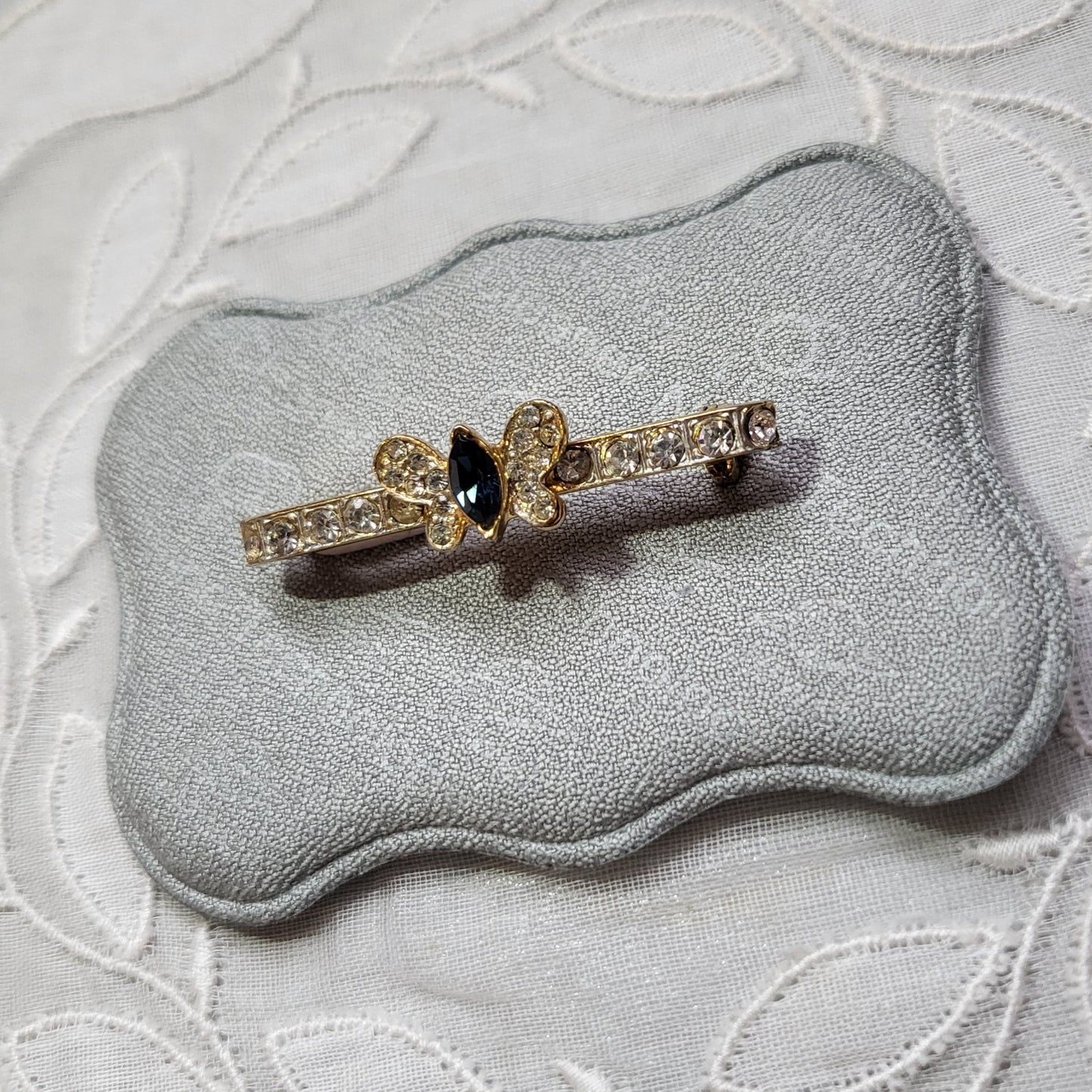 Brooch - Blue and Clear Crystals Butterfly Bar Brooch