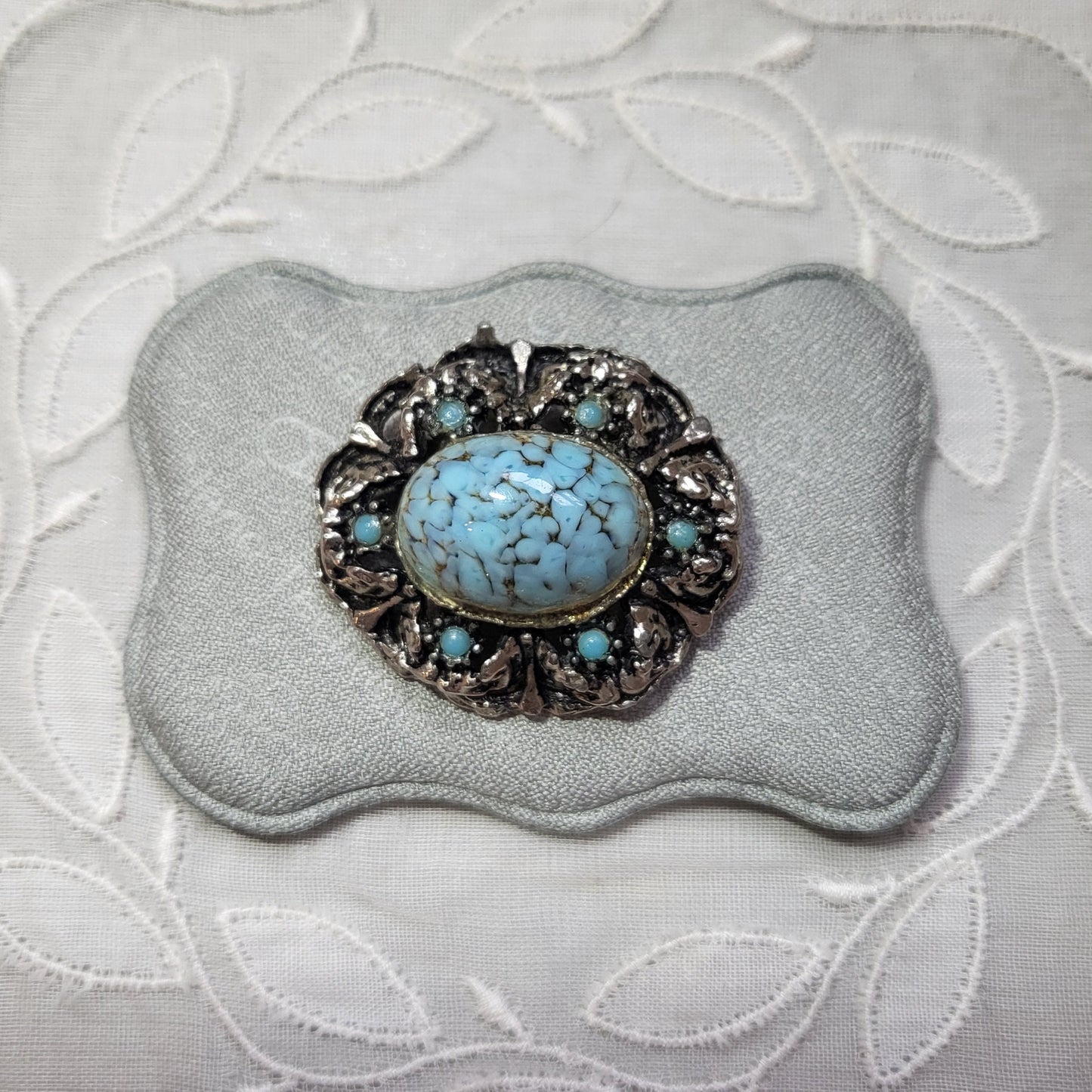 Brooch - Antiqued Silver Metal Turquoise Brooch