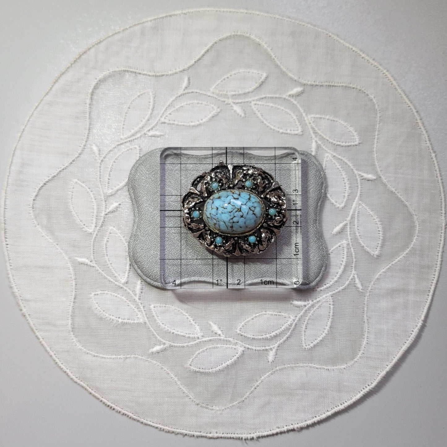 Brooch - Antiqued Silver Metal Turquoise Brooch