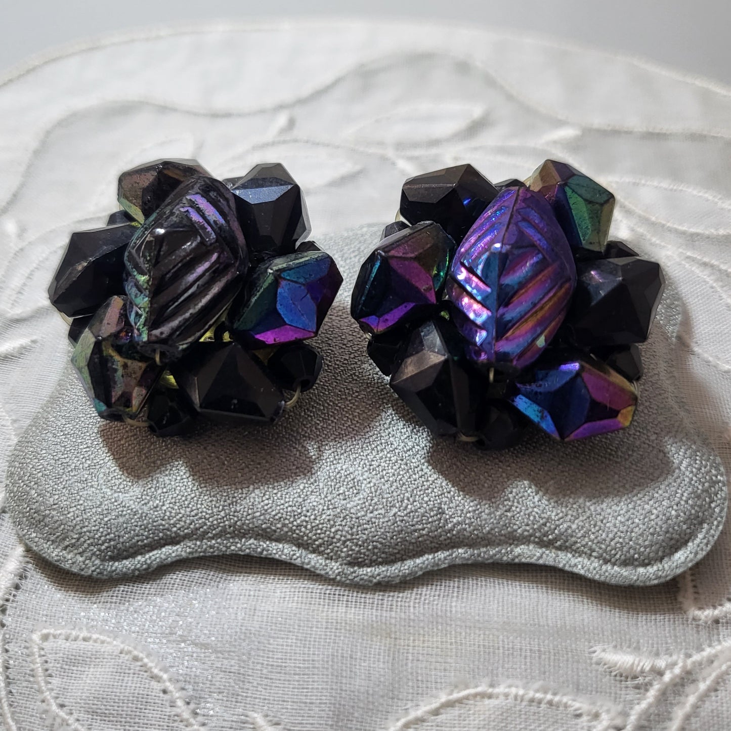 Clip on - Western Germany Black Aurora Borealis Beads Clip On Earrings