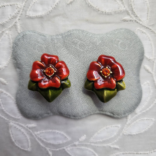 Clip on - Chico&#39;s Red and Green Enamel Flower Clip On Earrings