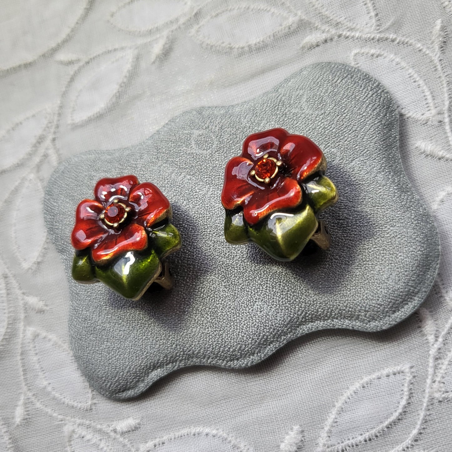 Clip on - Chico&#39;s Red and Green Enamel Flower Clip On Earrings