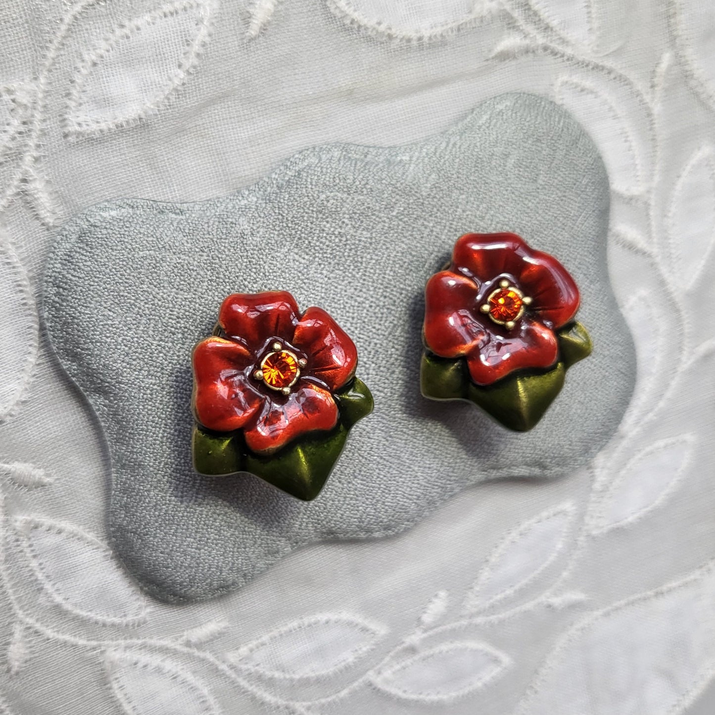 Clip on - Chico&#39;s Red and Green Enamel Flower Clip On Earrings
