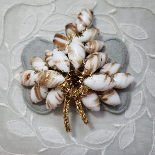 Brooch - Gold and White Glass Leaf Statement Brooch