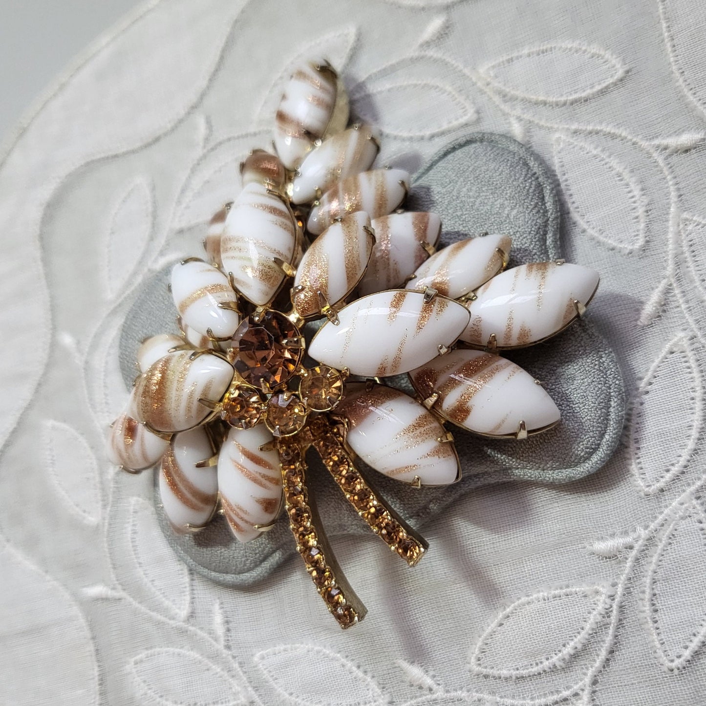 Brooch - Gold and White Glass Leaf Statement Brooch