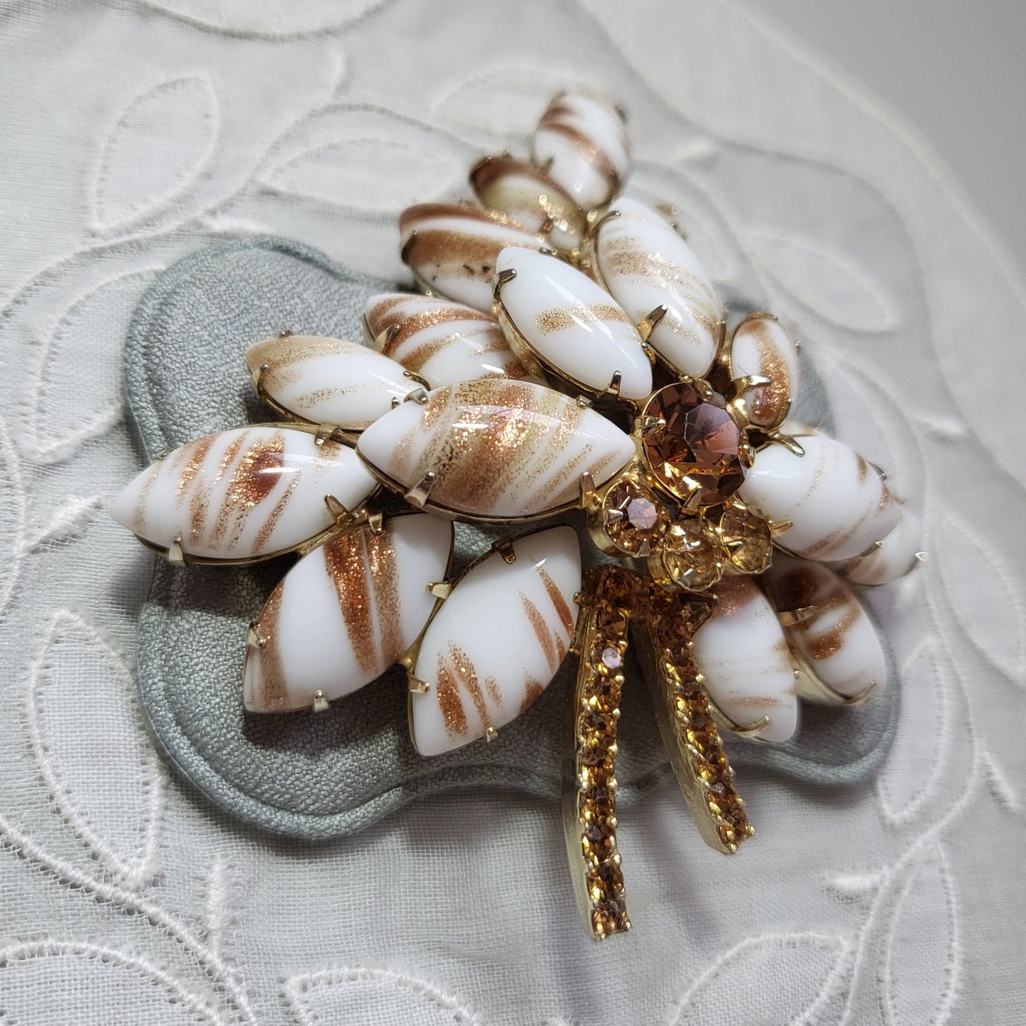 Brooch - Gold and White Glass Leaf Statement Brooch