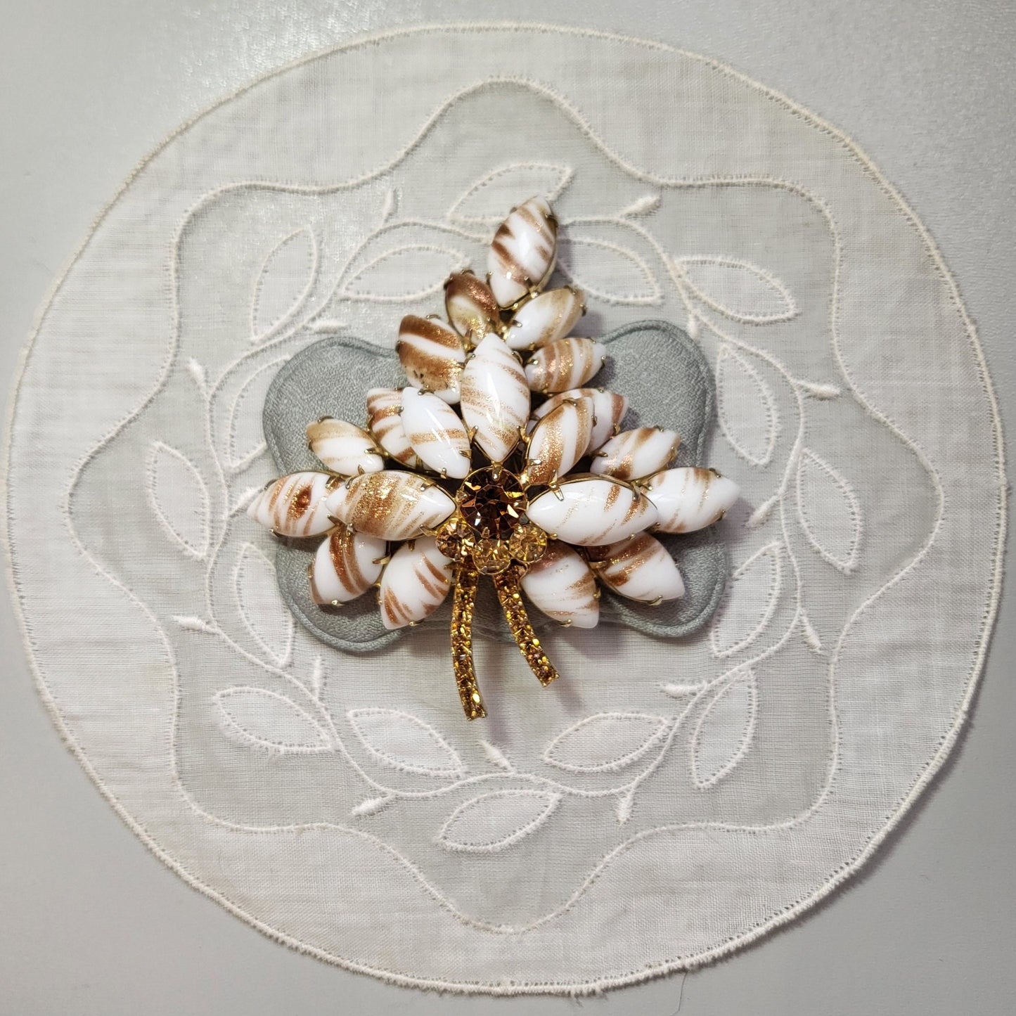 Brooch - Gold and White Glass Leaf Statement Brooch