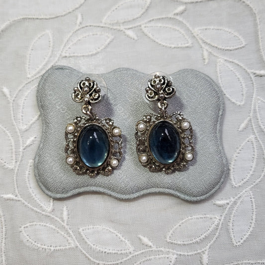 Posts - Filigree Style Blue Cabochon and Pearls Drop Earrings
