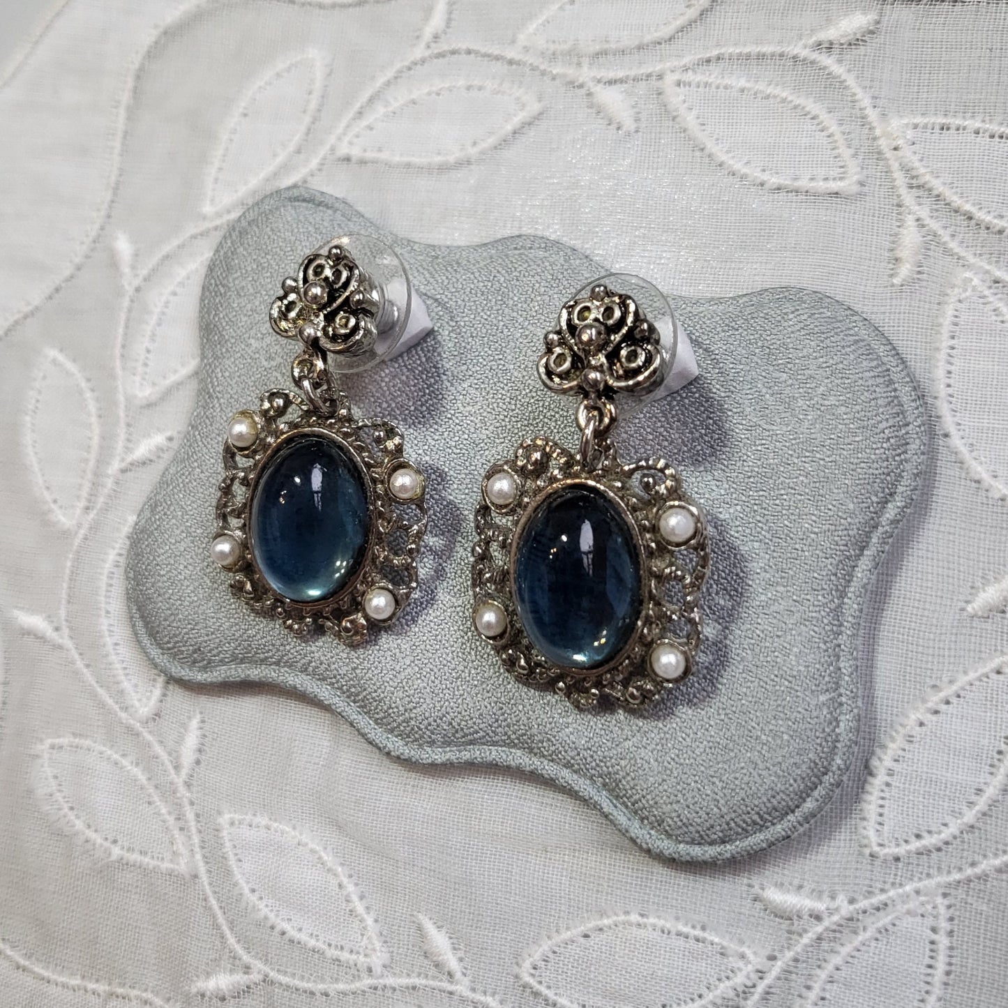 Posts - Filigree Style Blue Cabochon and Pearls Drop Earrings