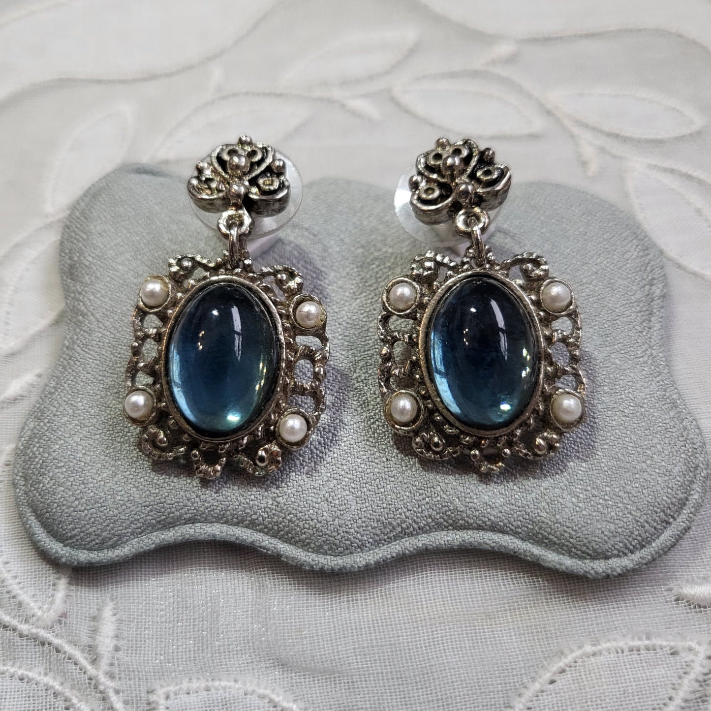 Posts - Filigree Style Blue Cabochon and Pearls Drop Earrings