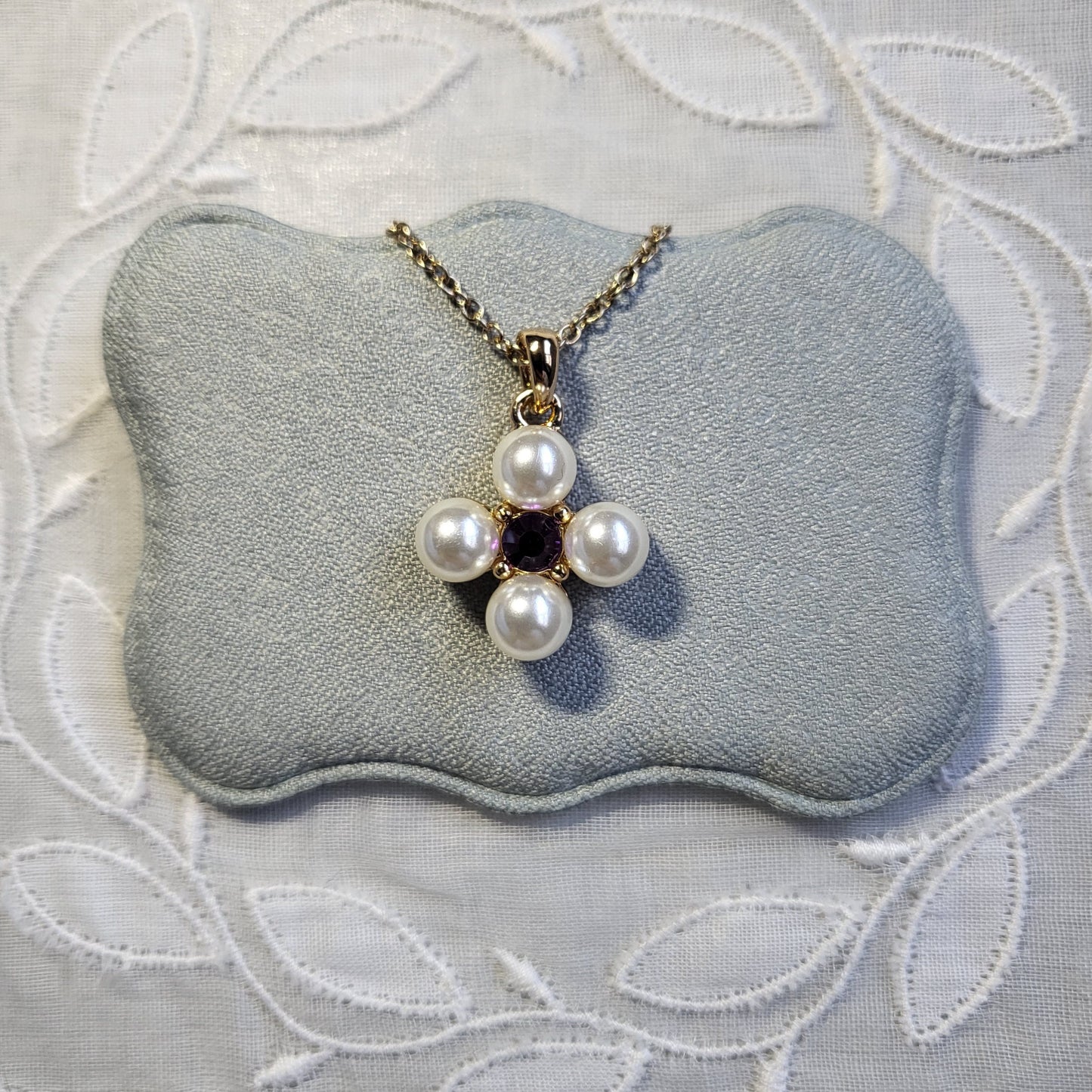 Necklace - Avon SHB Pearl and Purple Crystal Maltese Cross Pendant Necklace