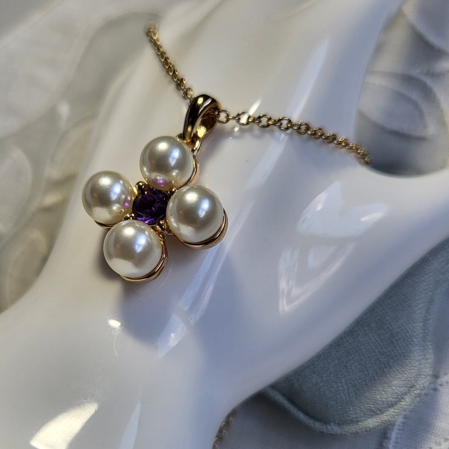 Necklace - Avon SHB Pearl and Purple Crystal Maltese Cross Pendant Necklace