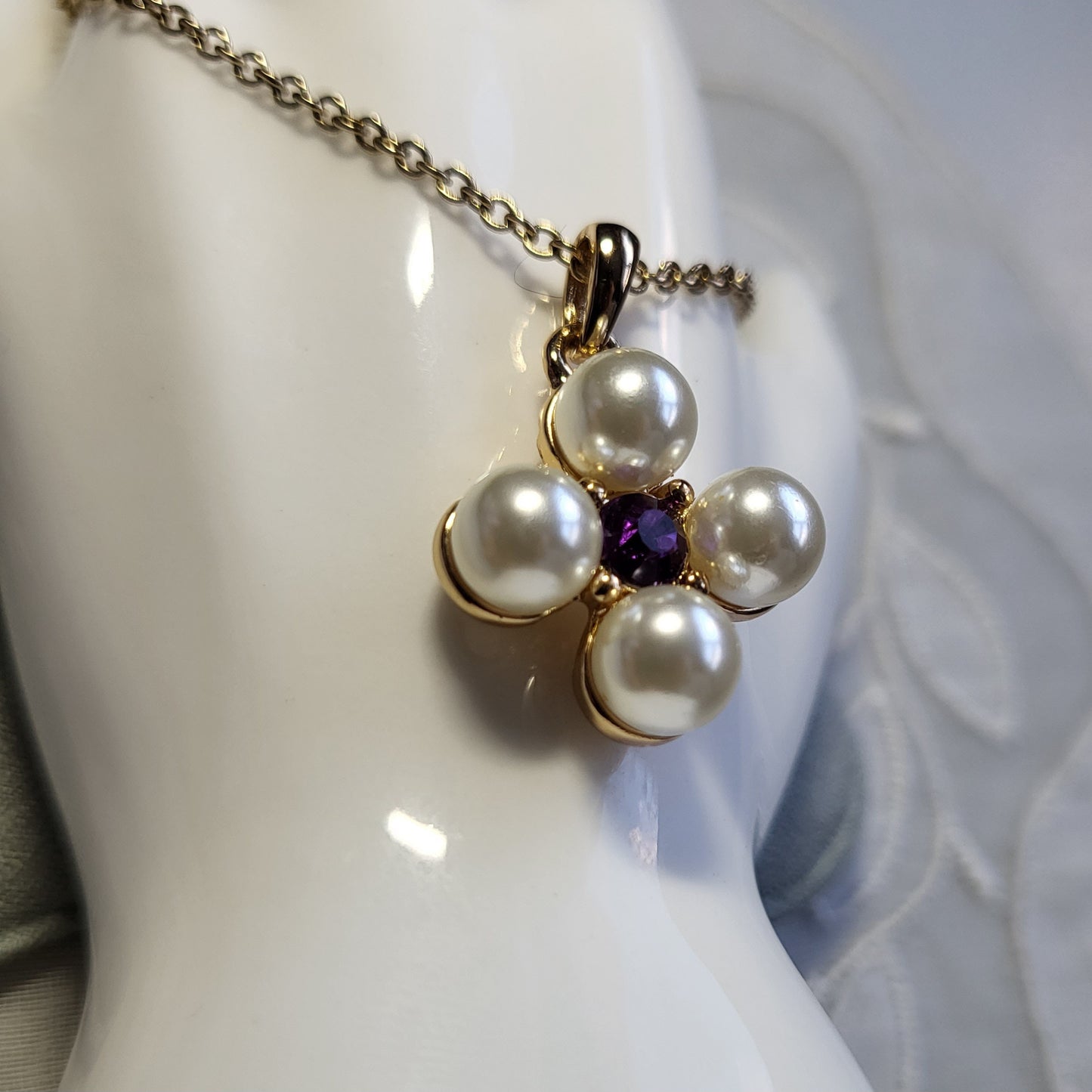 Necklace - Avon SHB Pearl and Purple Crystal Maltese Cross Pendant Necklace