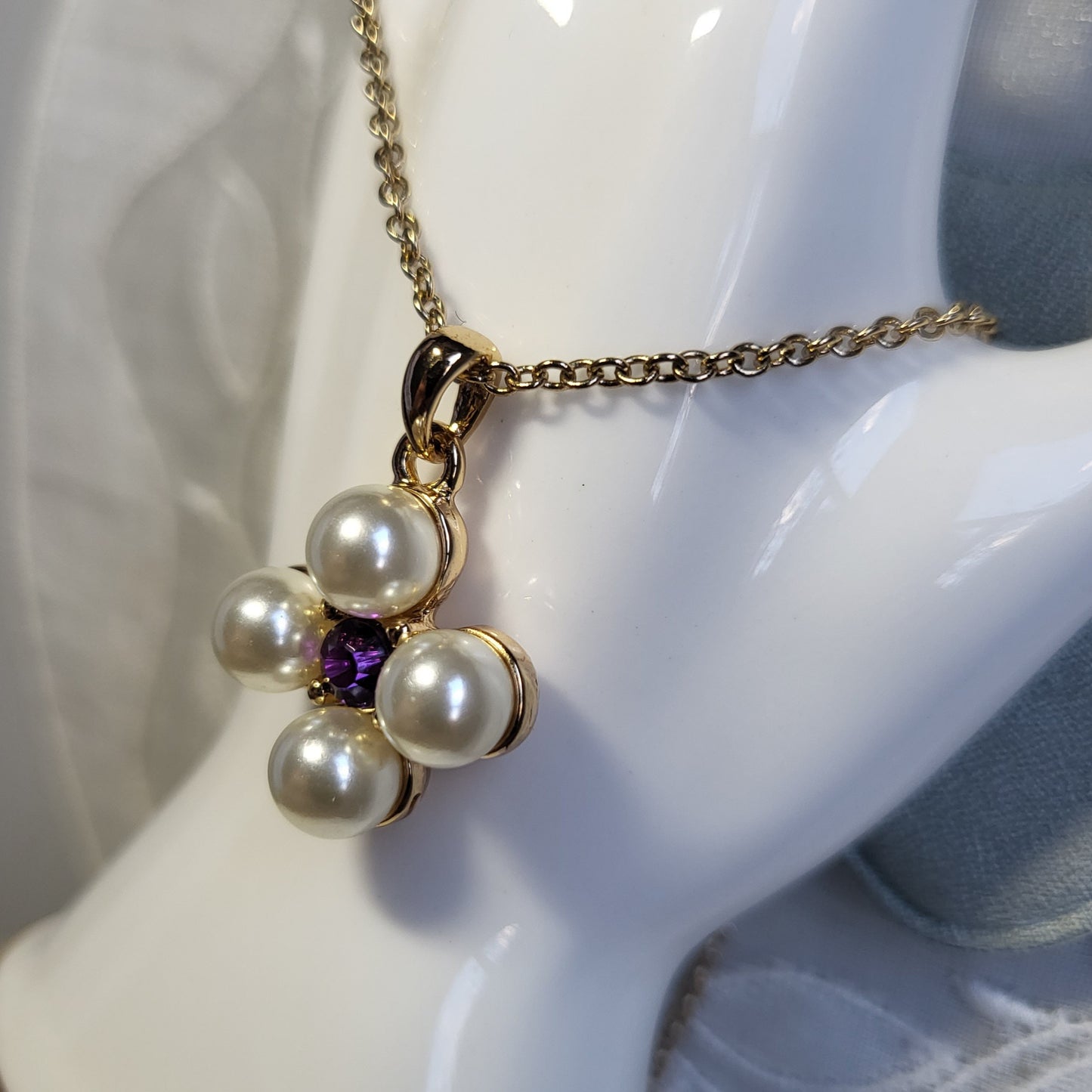 Necklace - Avon SHB Pearl and Purple Crystal Maltese Cross Pendant Necklace