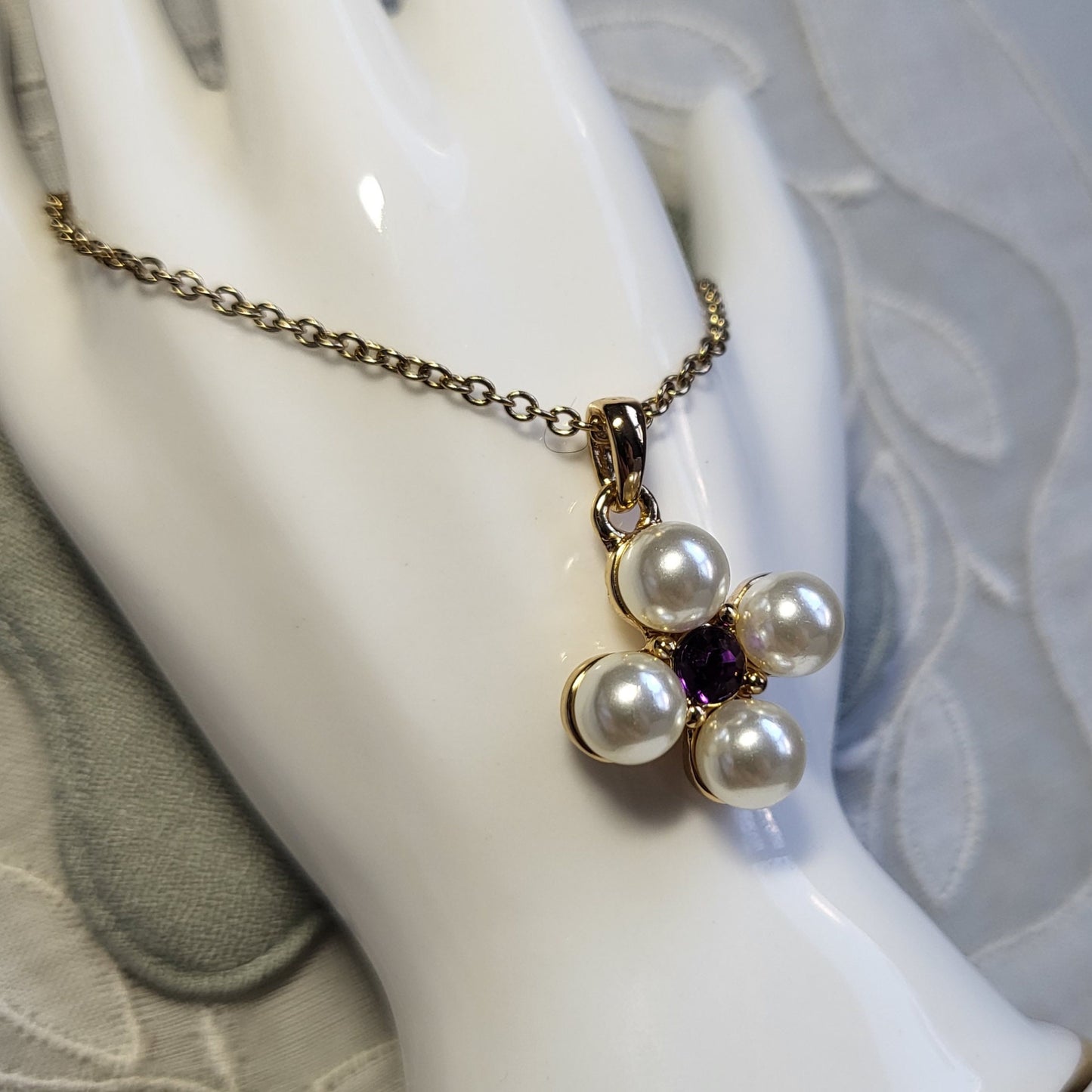 Necklace - Avon SHB Pearl and Purple Crystal Maltese Cross Pendant Necklace