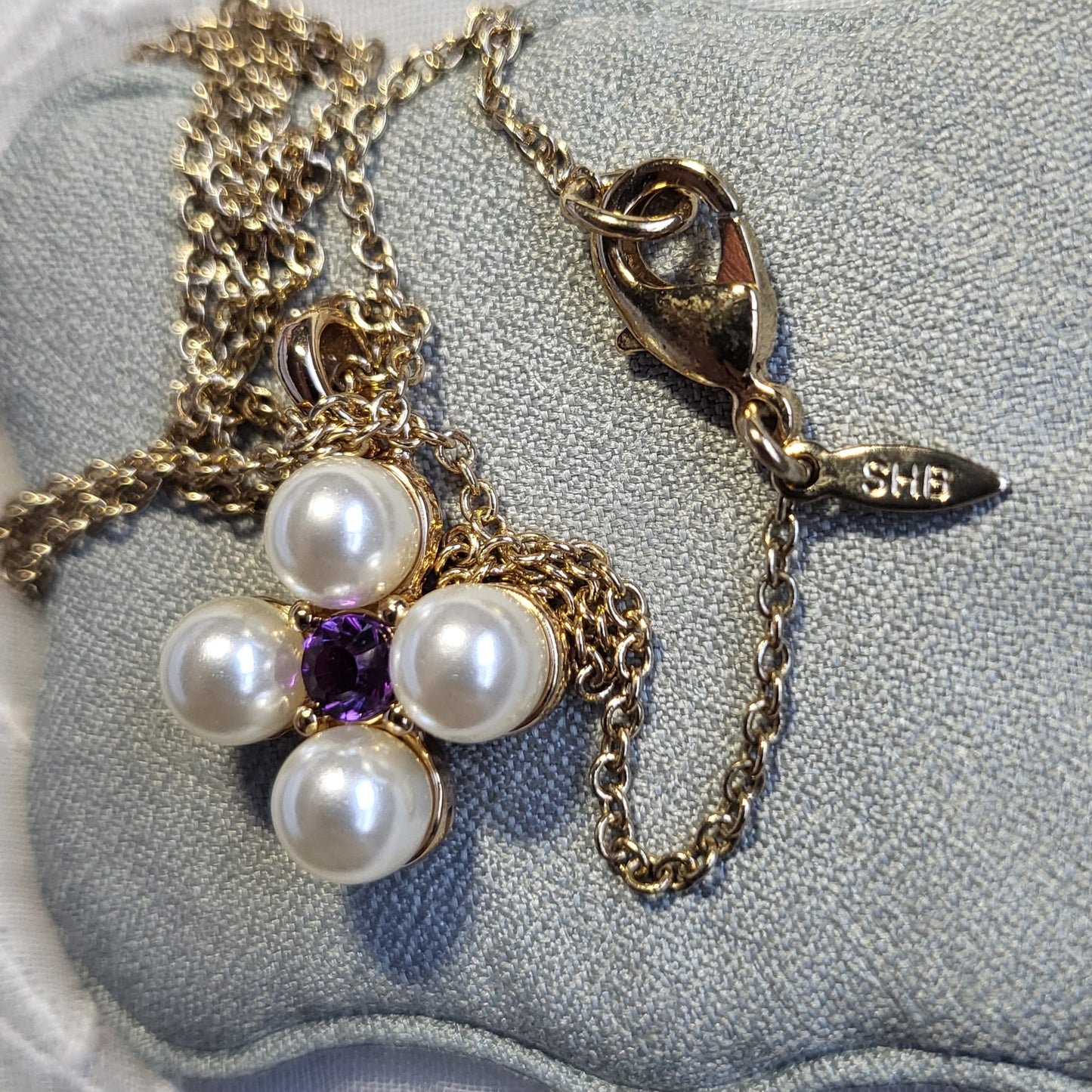 Necklace - Avon SHB Pearl and Purple Crystal Maltese Cross Pendant Necklace