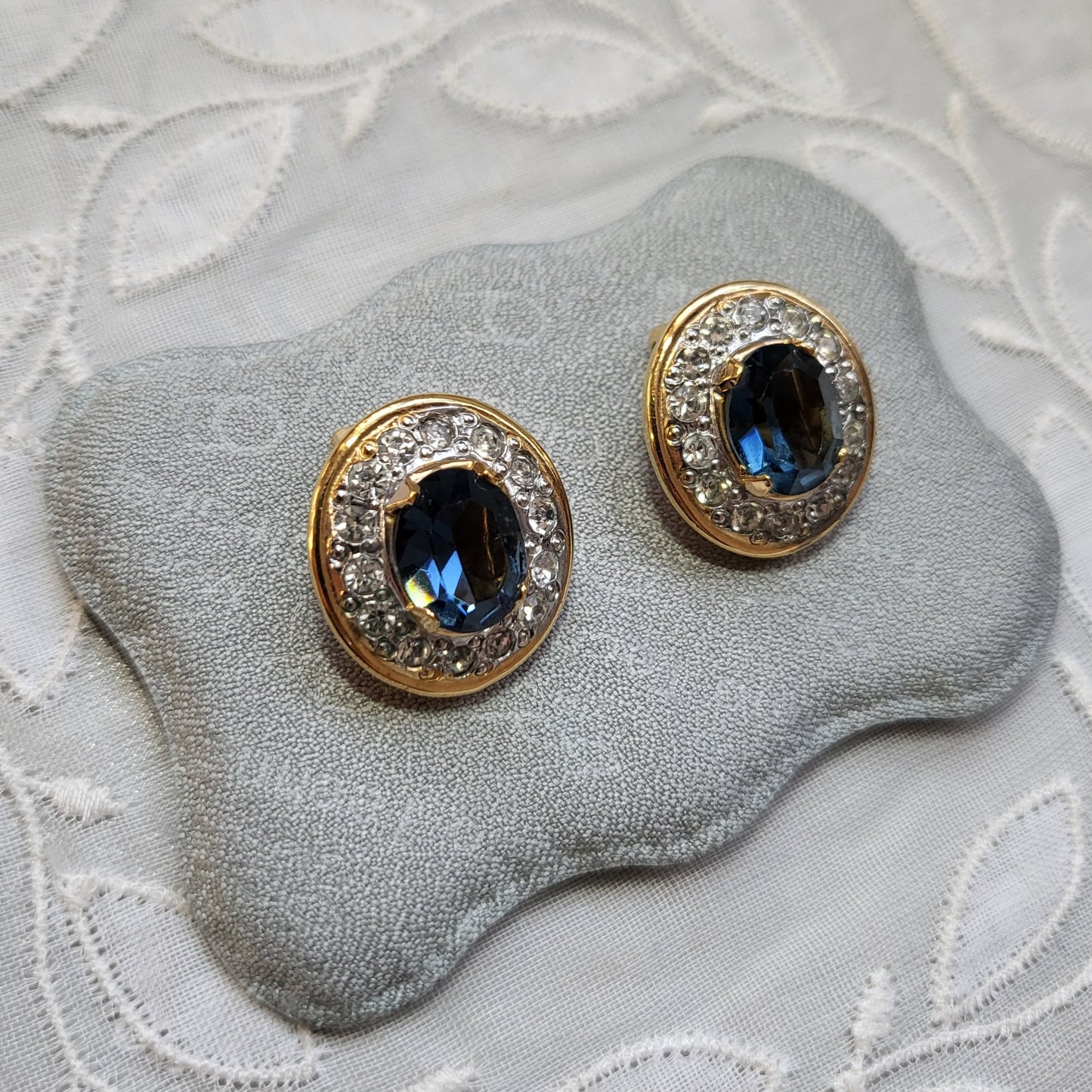 Clip on - Vogue Bijoux Oval Blue and Clear Crystal Clip on Earrings