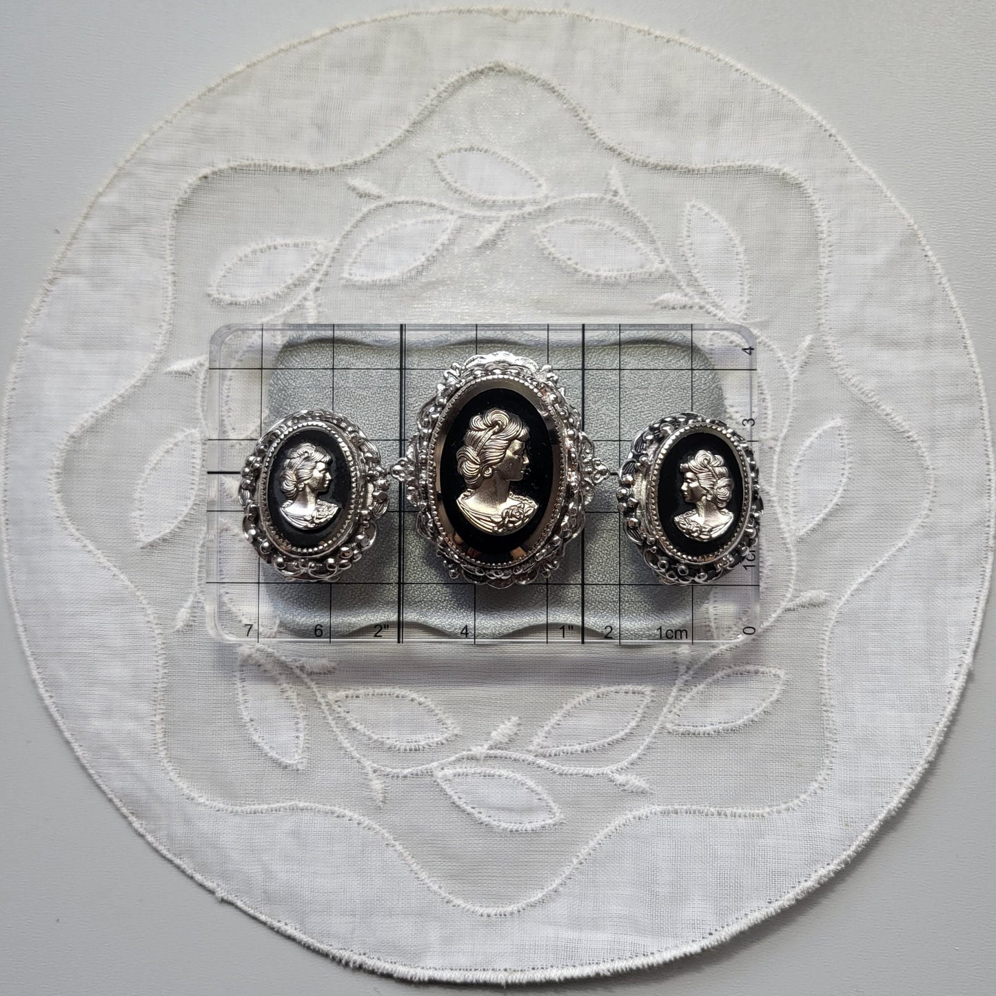 Set - Whiting and Davis Black and Silver Cameo Brooch and Earrings