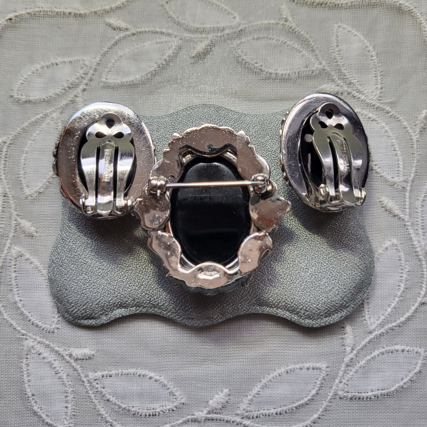 Set - Whiting and Davis Black and Silver Cameo Brooch and Earrings
