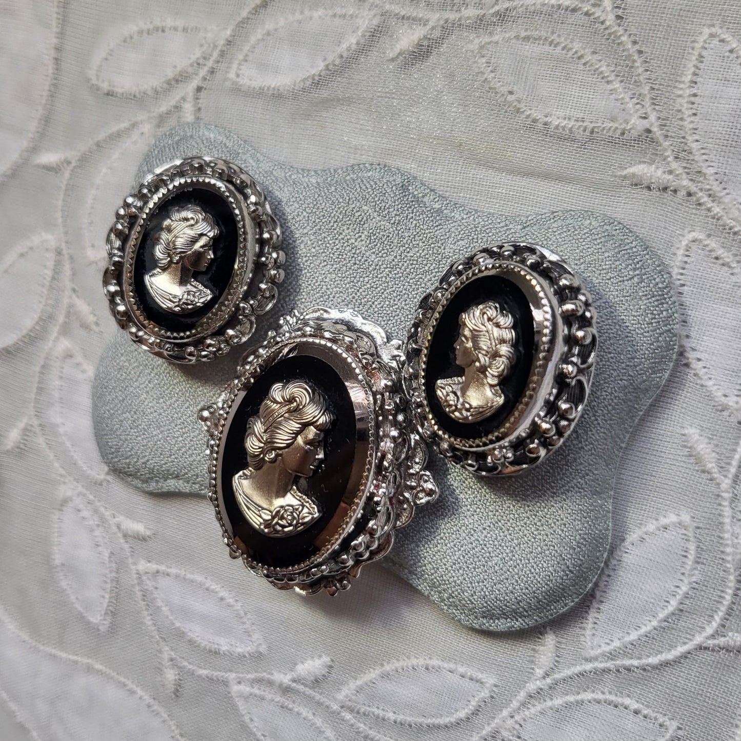 Set - Whiting and Davis Black and Silver Cameo Brooch and Earrings