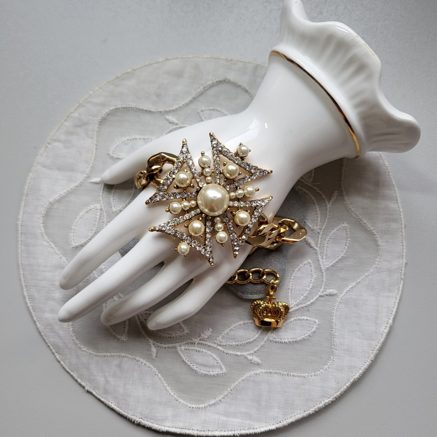 Bracelet - Butler and Wilson Pearl and Crystal Maltese Cross Chain Bracelet