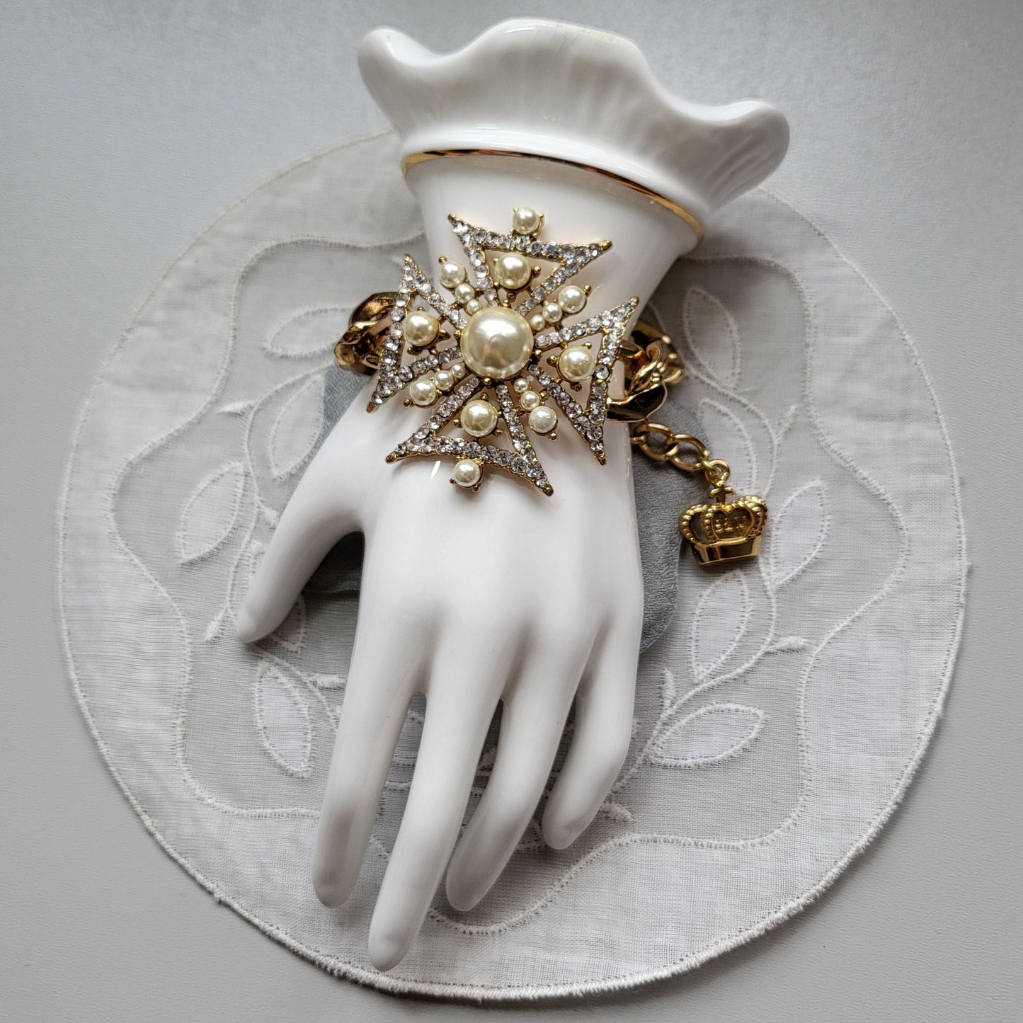 Bracelet - Butler and Wilson Pearl and Crystal Maltese Cross Chain Bracelet