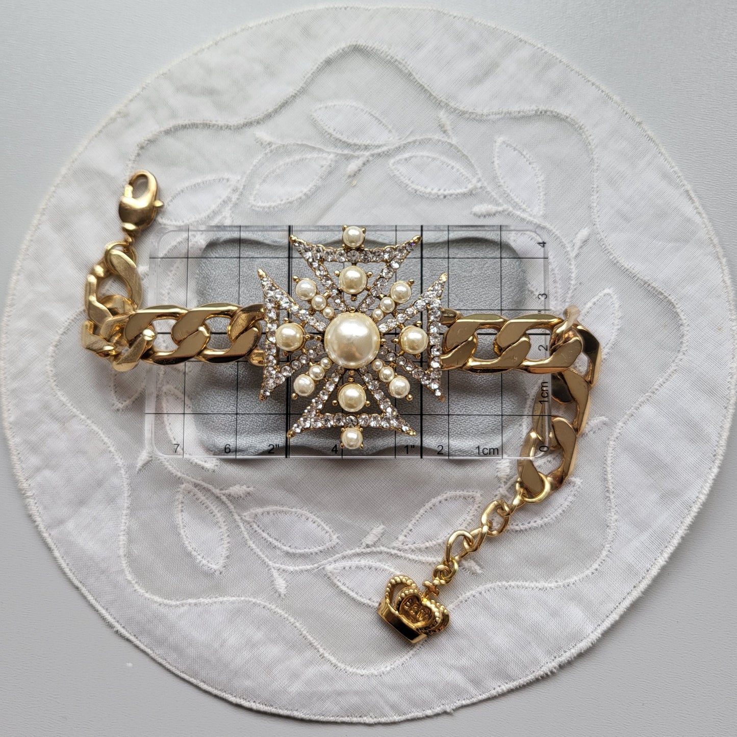 Bracelet - Butler and Wilson Pearl and Crystal Maltese Cross Chain Bracelet