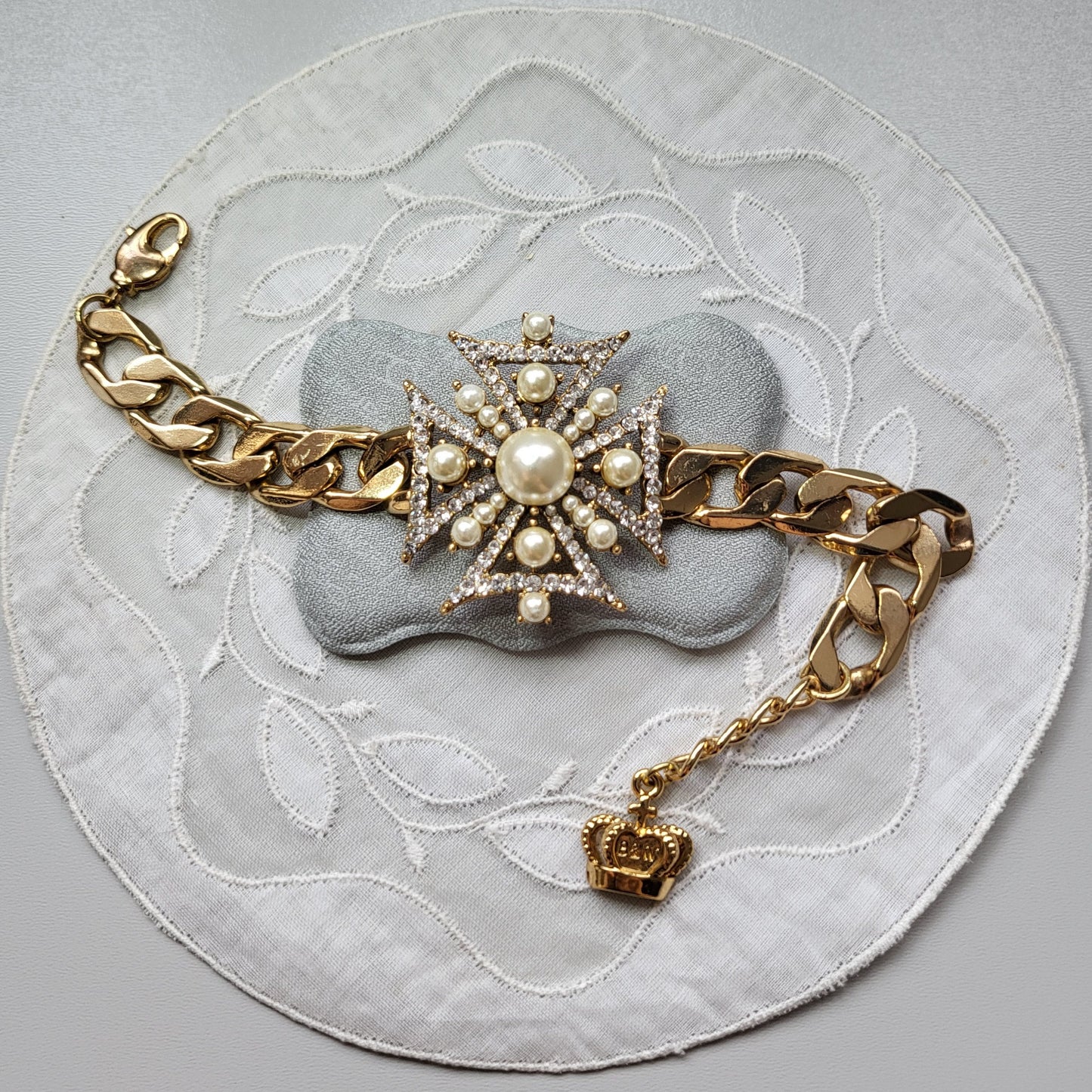 Bracelet - Butler and Wilson Pearl and Crystal Maltese Cross Chain Bracelet