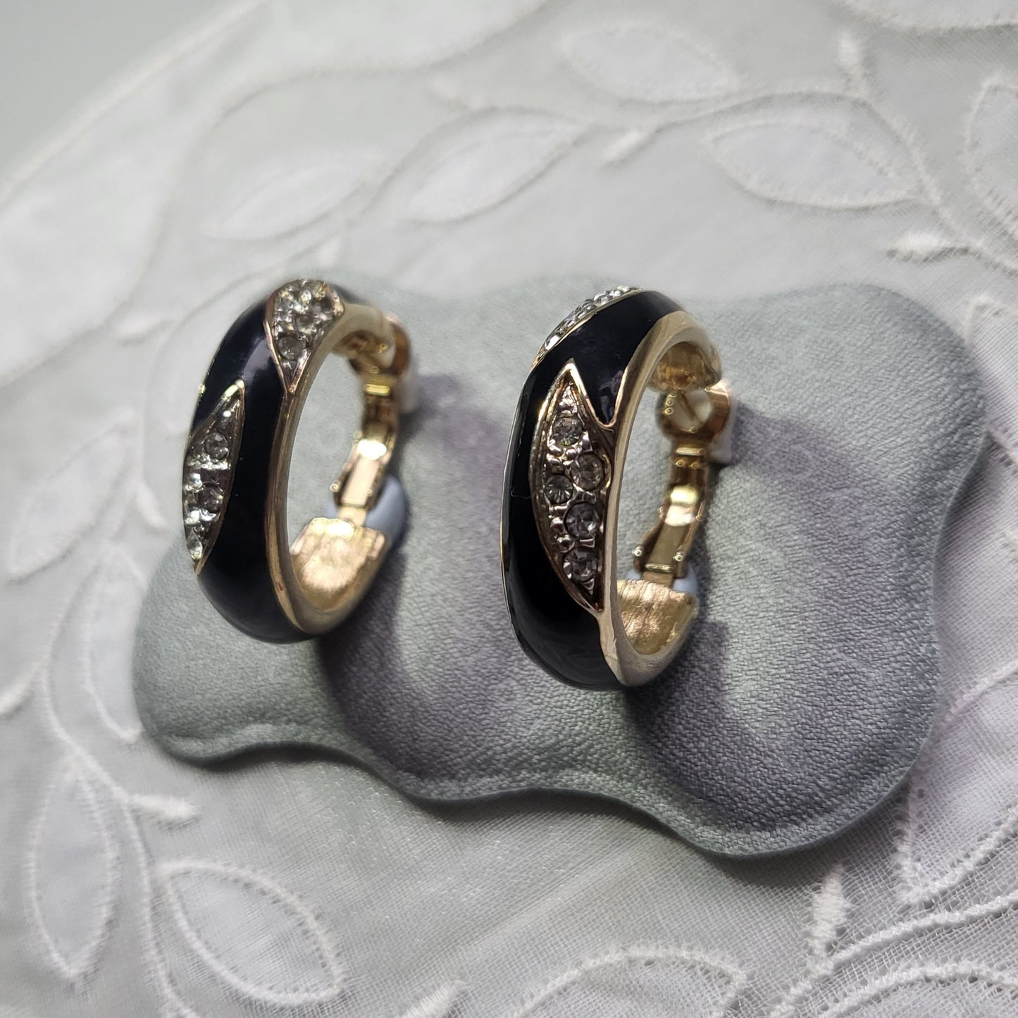 Posts - Jacques Vert Black Enamel and Crystals Hoop Earrings