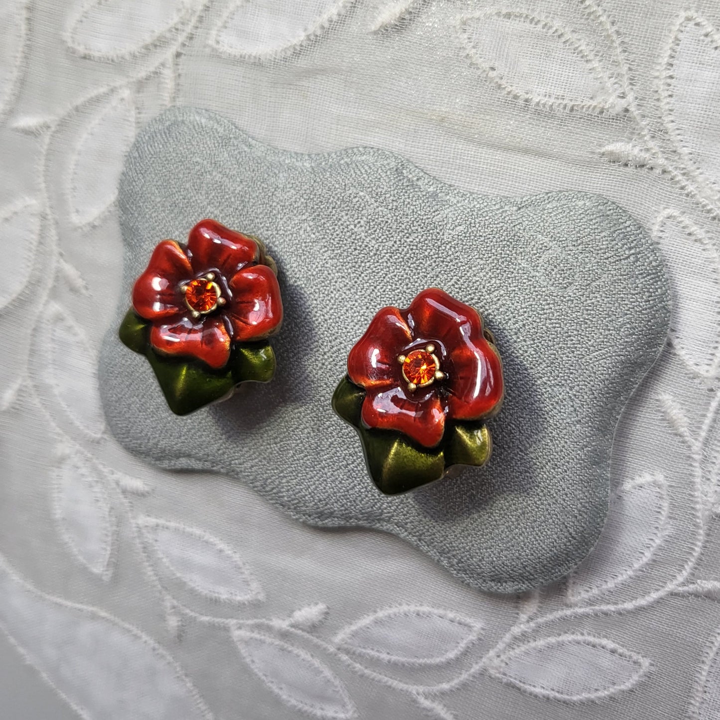 Clip on - Chico&#39;s Red and Green Enamel Flower Clip On Earrings