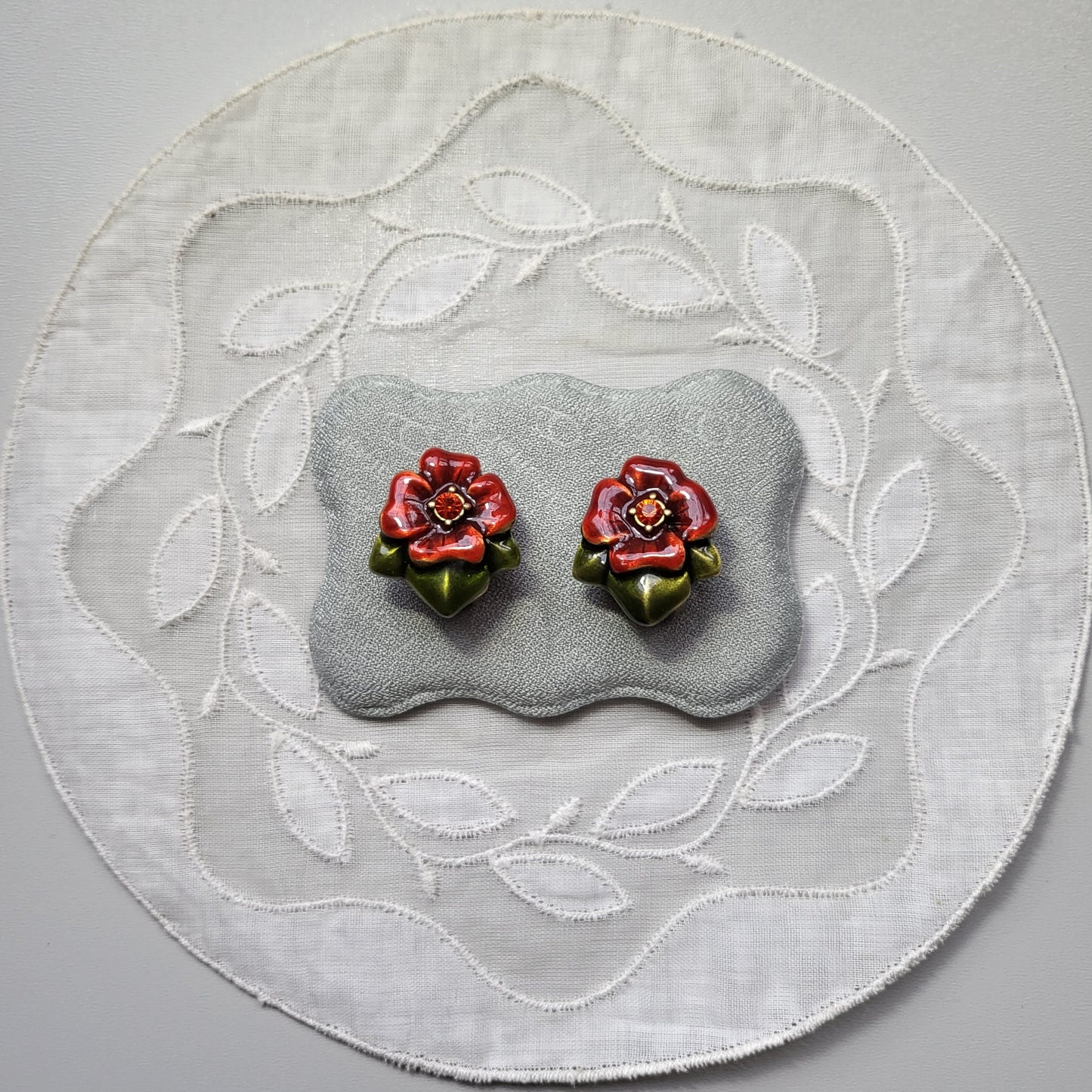 Clip on - Chico&#39;s Red and Green Enamel Flower Clip On Earrings