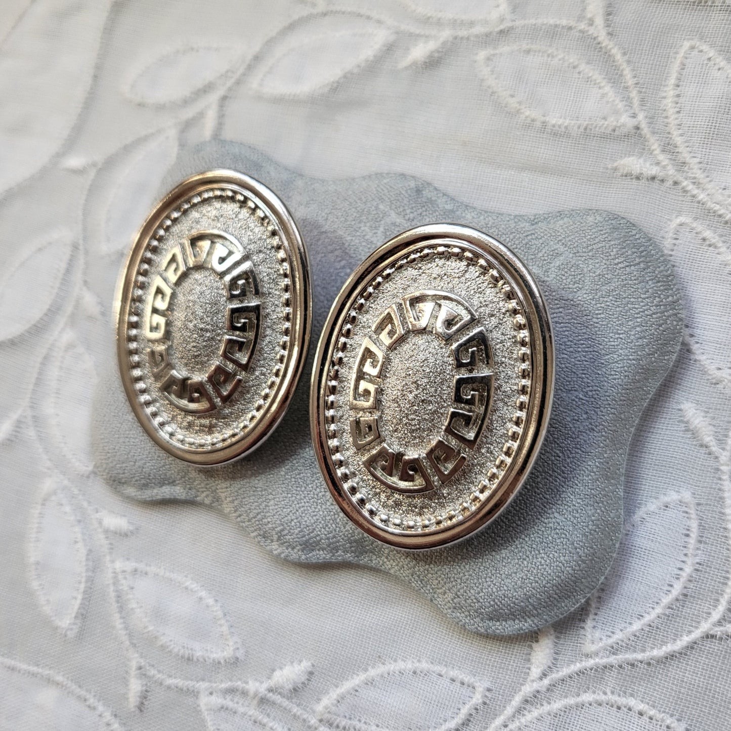 Posts - PCI Silver Meander Oval Stud Earrings